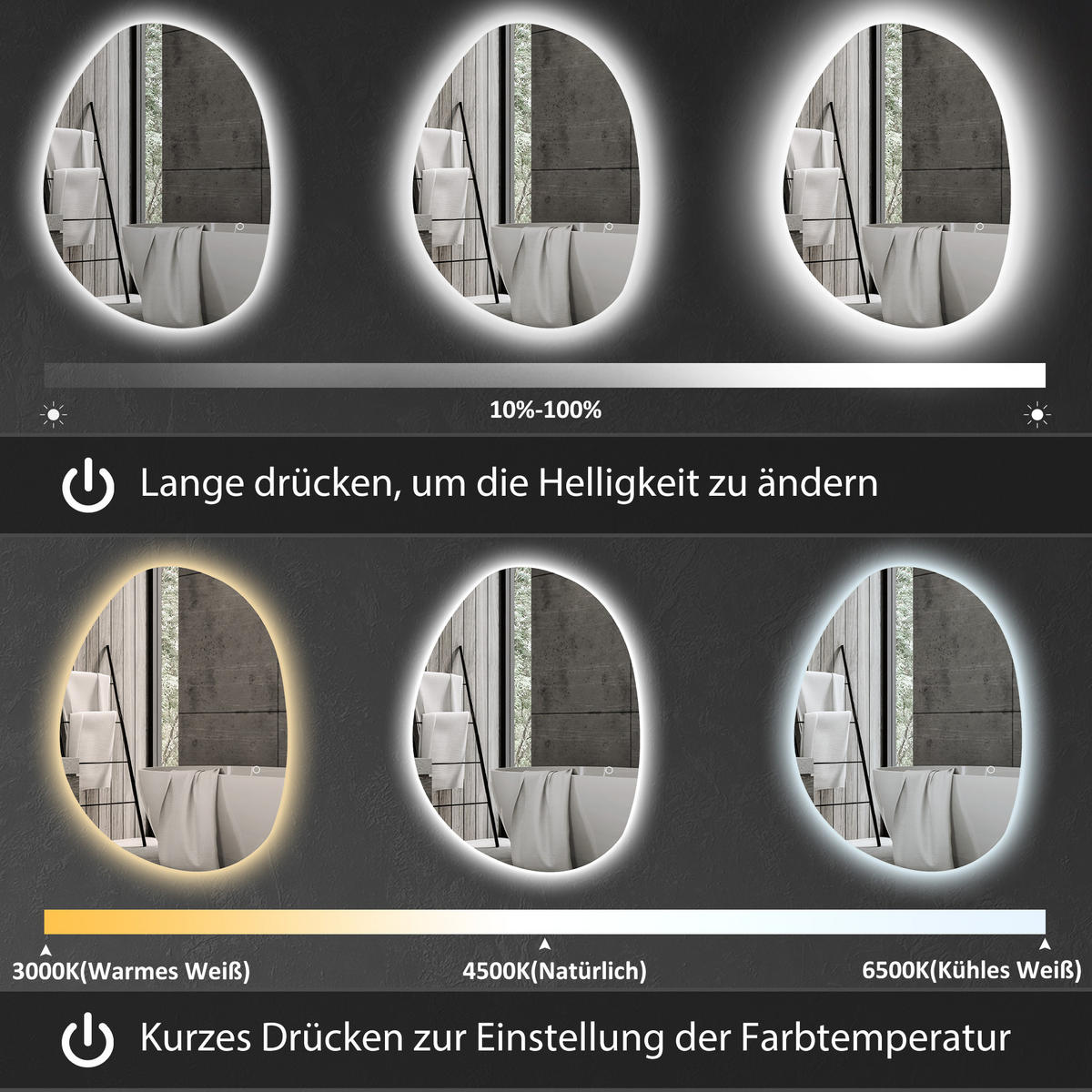 BADSPIEGEL mit Beleuchtung 70x50 cm, 3 Lichtfarben - Silberfarben, Glas (70/50/5cm) - HOMCOM