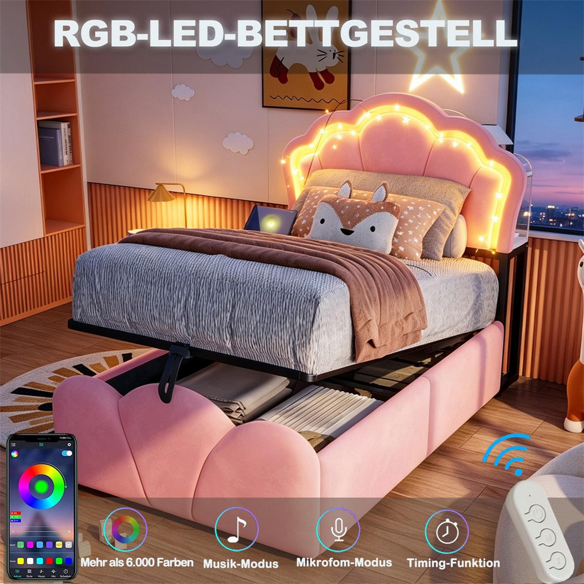 POLSTERBETT 90x200 cm mit hydraulischem Stauraum - LED Beleuchtung & Ladeanschluss - Rosa - ohne Matratze - Pink, Textil (90/200cm) - DELFA