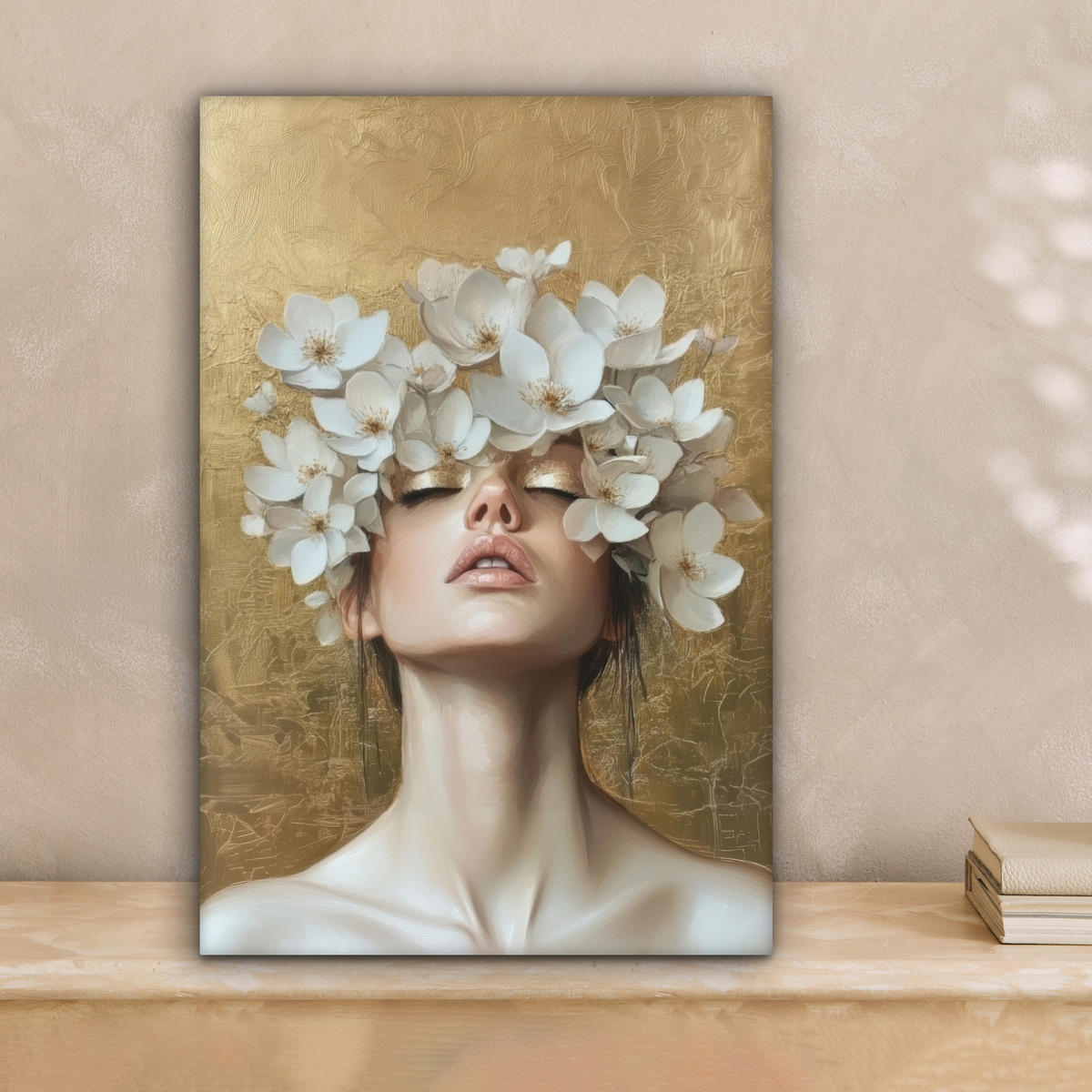 LEINWANDBILD Gesicht - Blumen - Gold - Abstrakt Deko Wohnzimmer 20x30 cm - Goldfarben, Textil (20/30cm) - MuchoWow