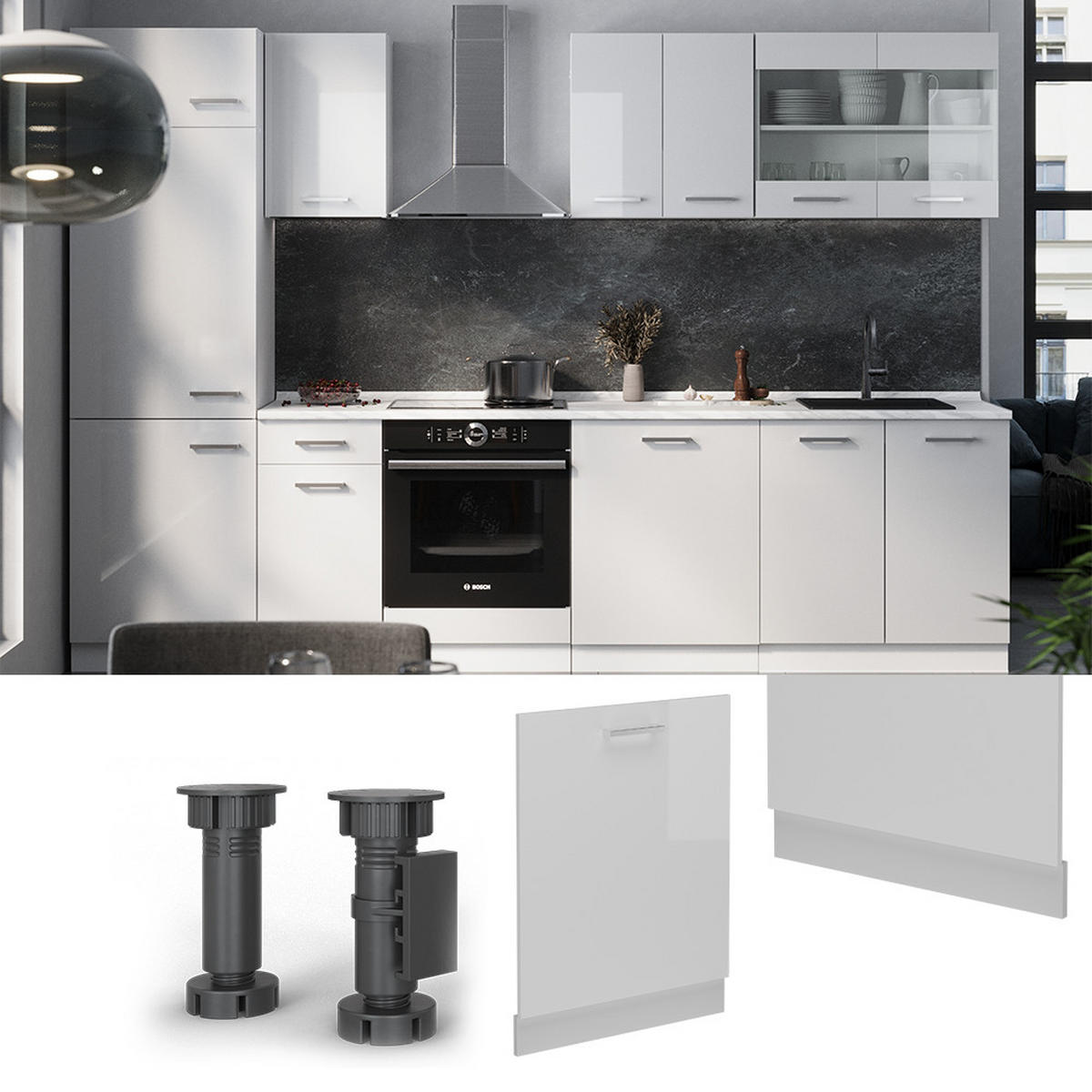 GESCHIRRSPÜLBLENDE R-Line Weiß Hochglanz 60 cm ohne Arbeitsplatte - Weiß Hochglanz/Weiß, Holzwerkstoff (60/81.8/1.6cm) - Vicco