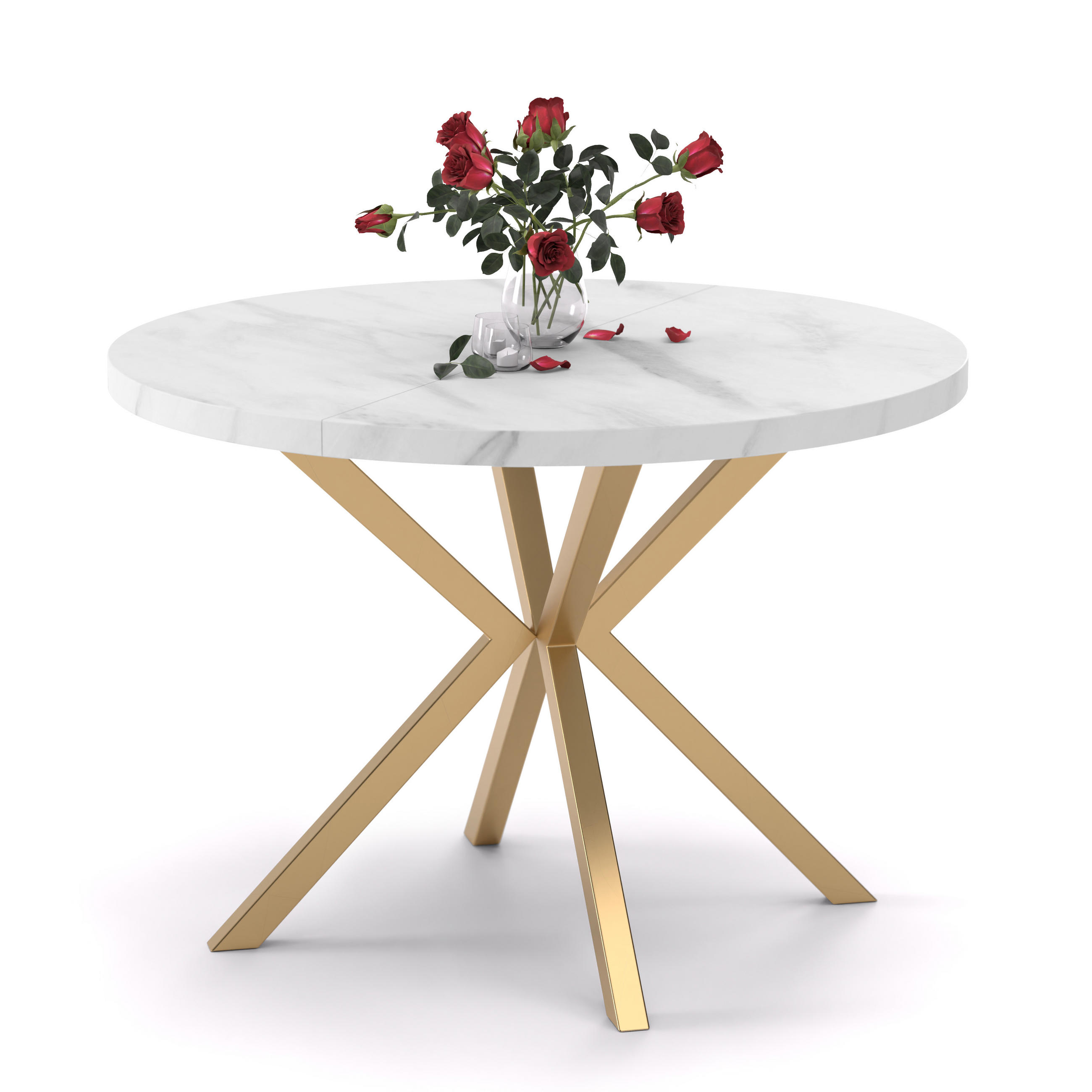 AUSZIEHTISCH MILTON 120-196/76 cm mit Metallgestell, Gold / Bianco Marmor - Perlmutt/Goldfarben, Holzwerkstoff/Metall (120/120/76cm) - Idohome