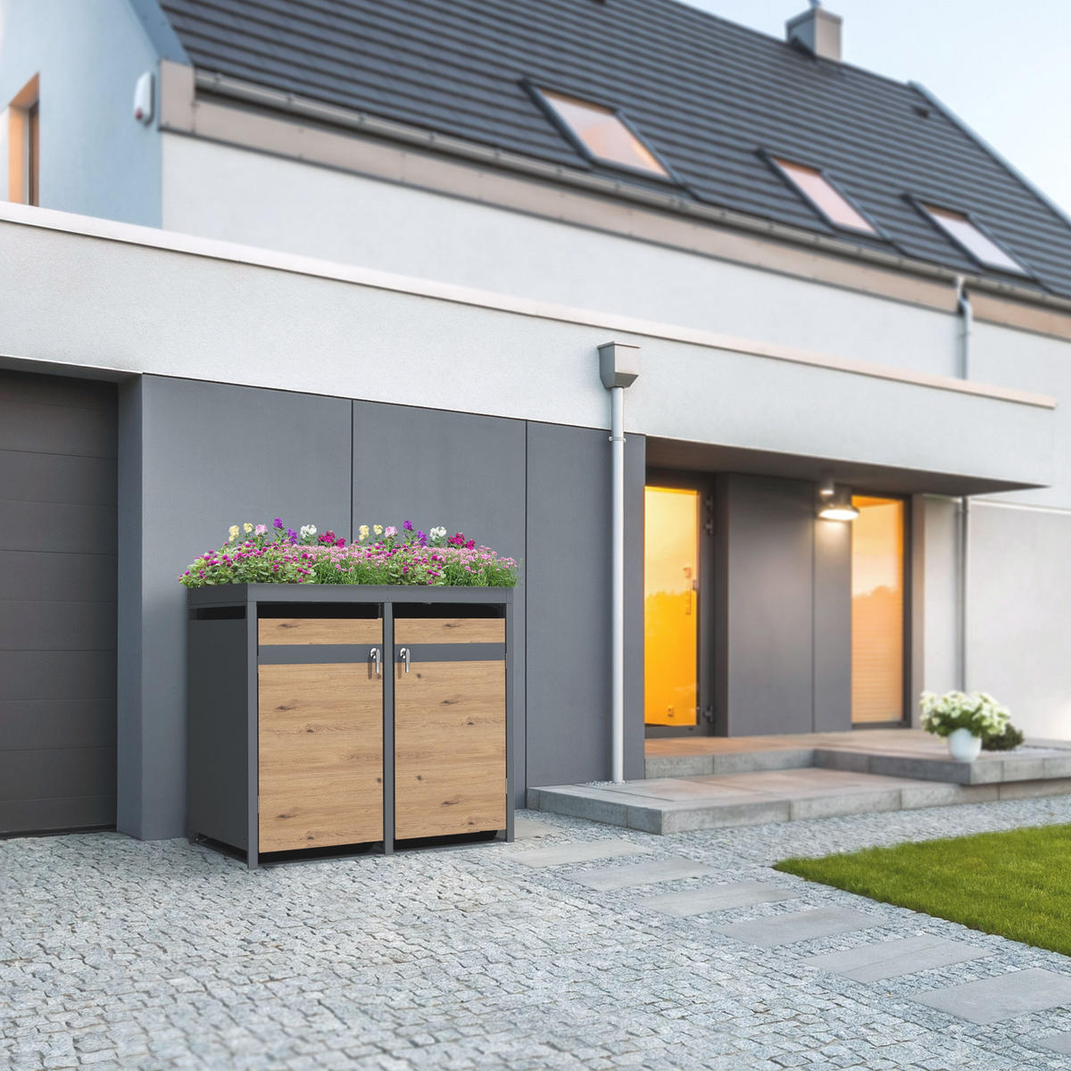 MÜLLTONNENBOX 4er mit Pflanzdach Anthrazit-Eichenoptik - Braun, Metall (80/124/264cm) - ML-DESIGN