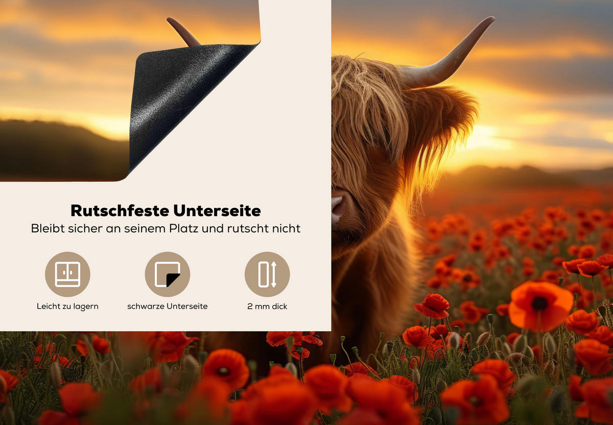 HERDABDECKPLATTE Schottische Highlander - Rosen - Blumenfeld - Sonnenuntergang Herdabdeckung Induktionsfeld 75x52 cm - Rotbraun, Kunststoff (75/52/0.2cm) - MuchoWow