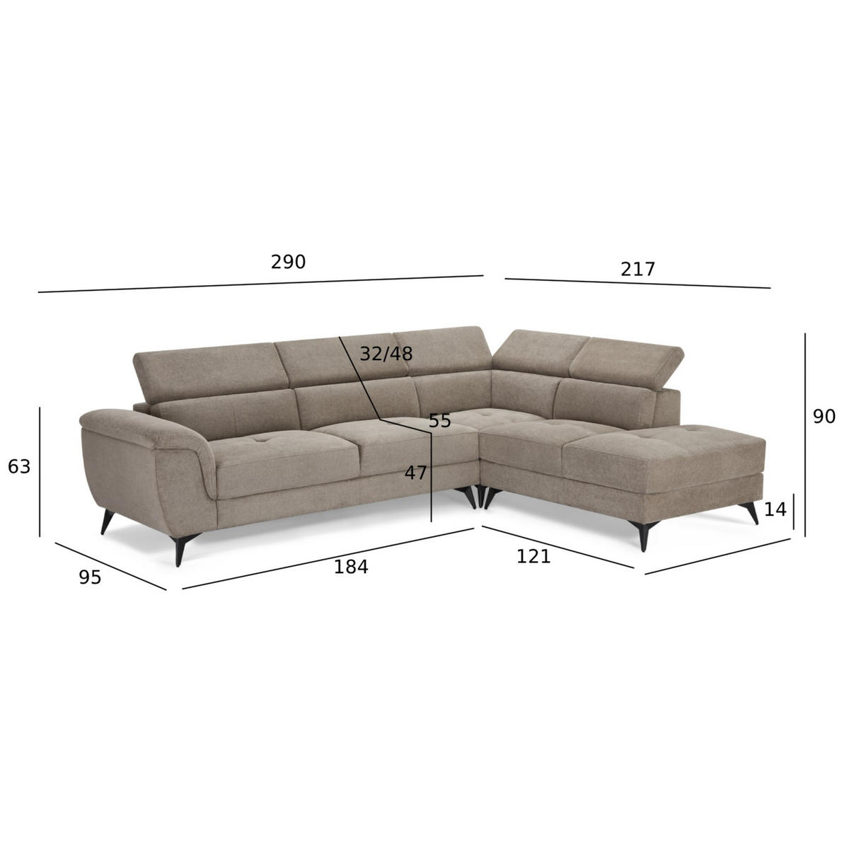 ECKSOFA Webstoff Beige - Beige/Schwarz, Textil/Metall (290/95cm) - Furnhouse