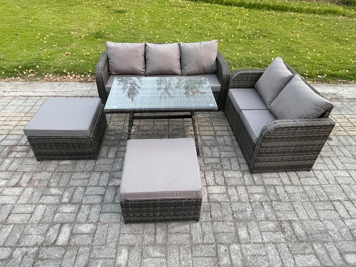GARTENMÖBEL SET Polyrattan Dunkelgrau 7-Sitzer - Dunkelgrau/Grau, Glas/Kunststoff - Fimous
