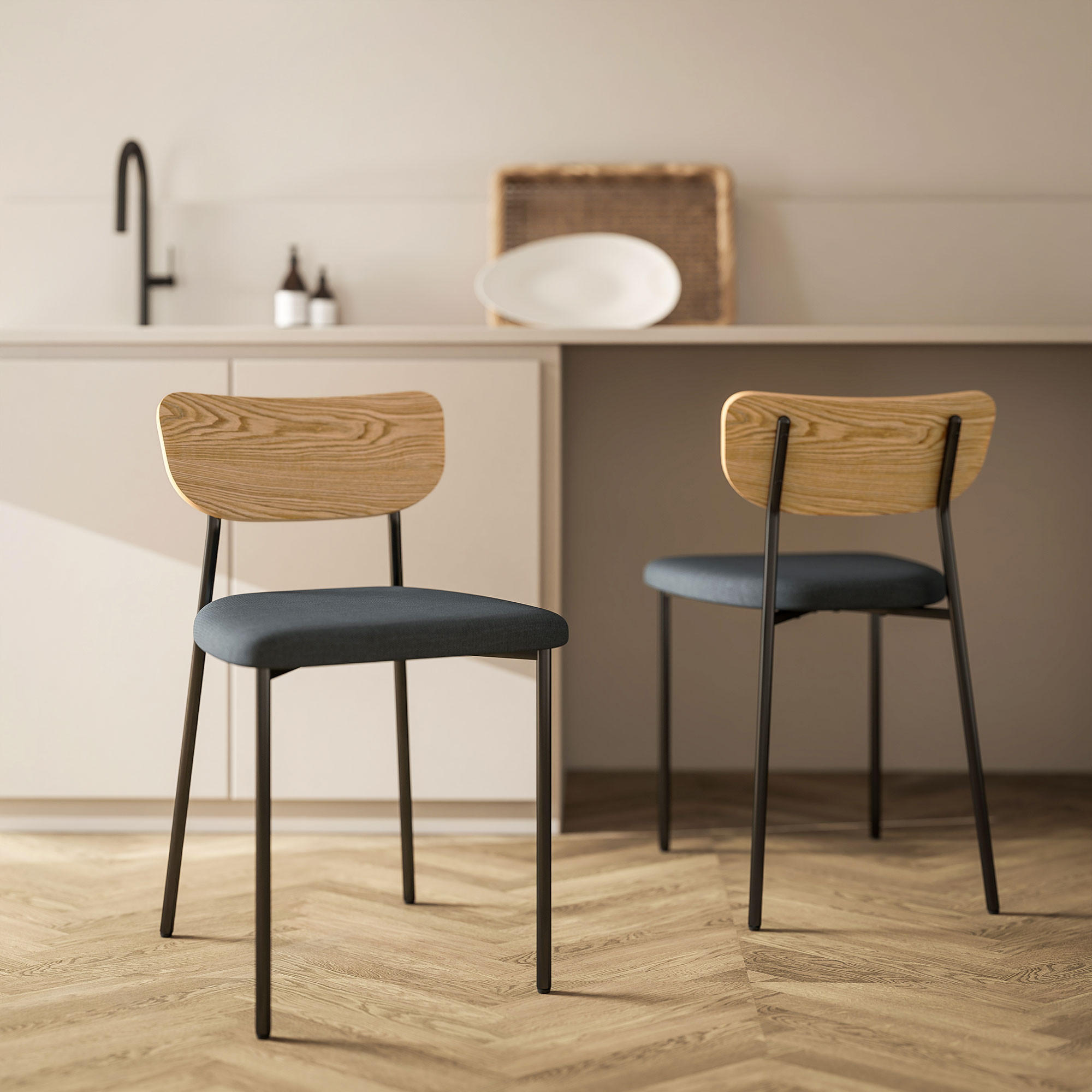 ESSZIMMERSTÜHLE 2er-Set Küchenstuhl mit Rückenlehne, Leinenoptik für Esstisch - Grau, Kunststoff (45/76/49cm) - HOMCOM