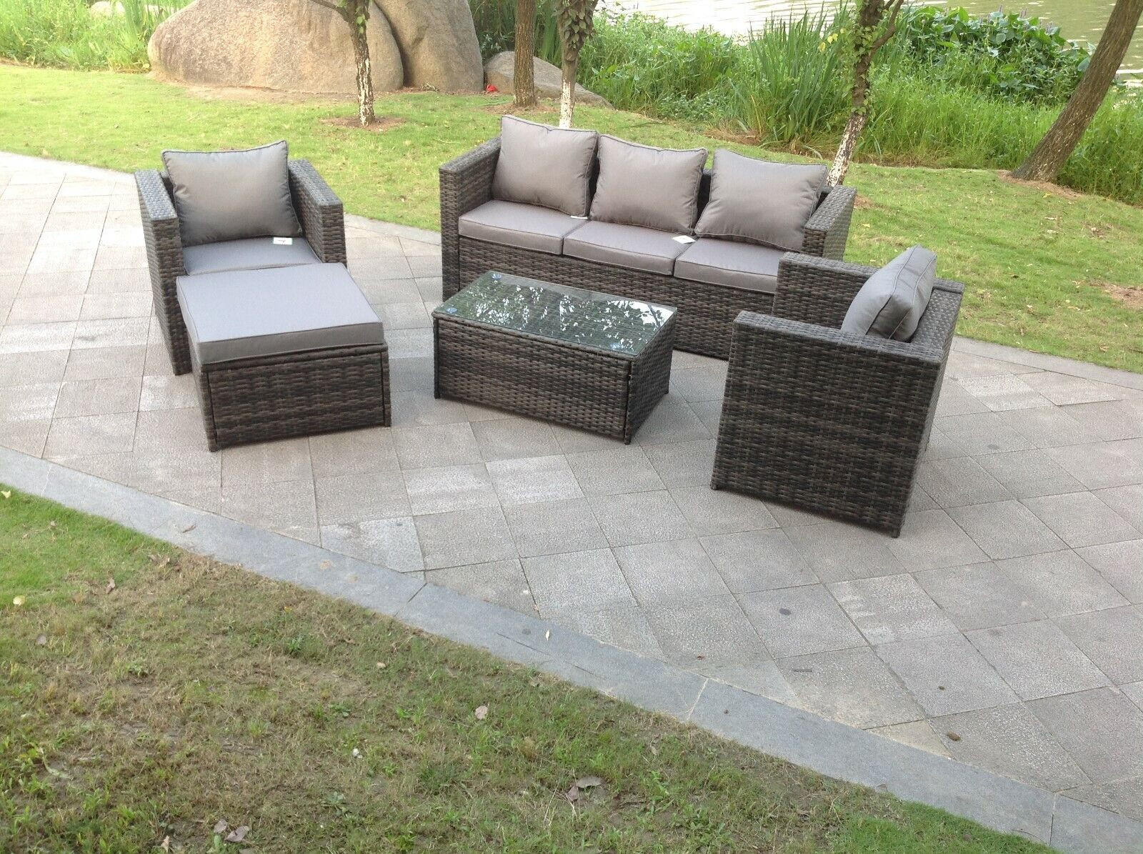 GARTENSOFA SET Polyrattan 6-Sitzer - Dunkelgrau/Grau, Glas/Kunststoff - Fimous