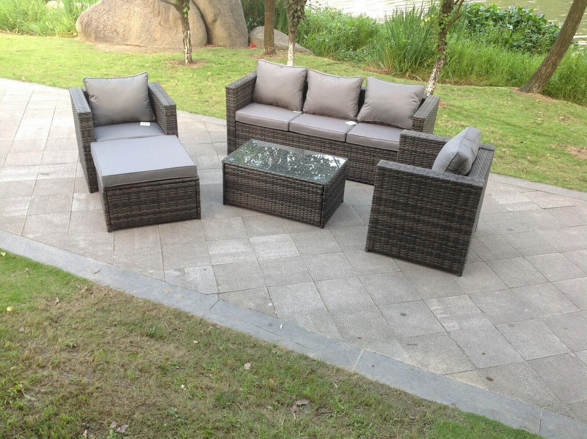GARTENSOFA SET Polyrattan 6-Sitzer - Dunkelgrau/Grau, Glas/Kunststoff - Fimous