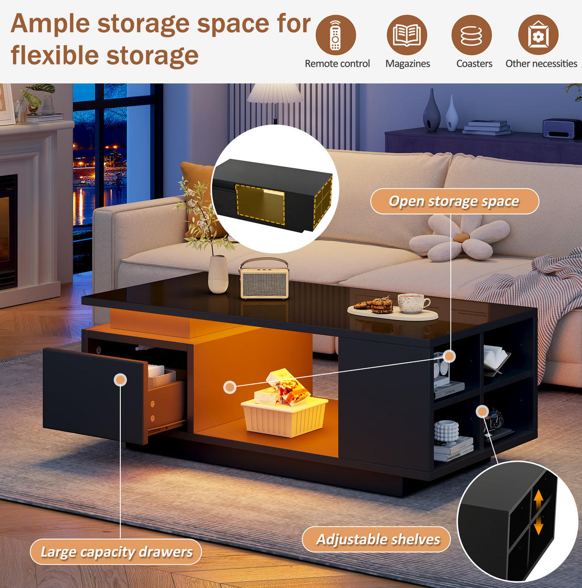 COUCHTISCH 100/50/36 cm schwarz aus Spanplatte mit LED-Beleuchtung - Schwarz, Holzwerkstoff (100/50/36cm) - OKMYHOME