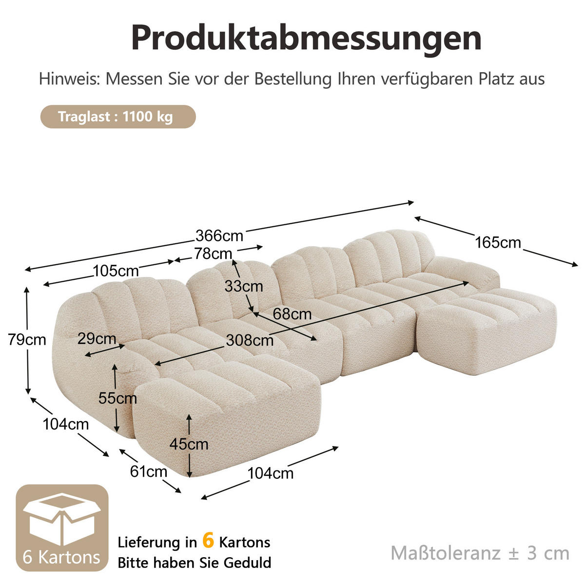 WOHNLANDSCHAFT DE-34312 4-Sitzer mit 2 Ottomans Beige - Beige, Textil (165/79/366cm) - ComfortXL