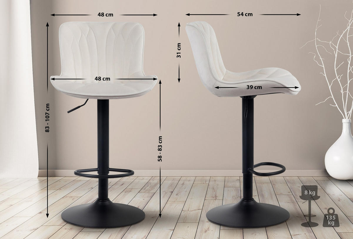 BARHOCKER 2er Set Linea Samt creme - Schwarz/Naturfarben, Textil/Metall (48/107/54cm) - TPFLiving