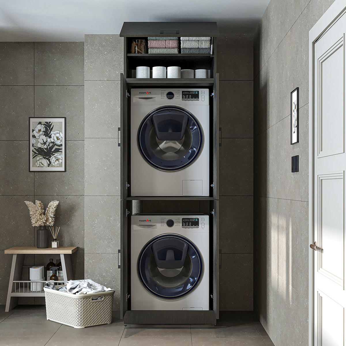 WASCHMASCHINENSCHRANK DORA-II 70cm Breit, 230cm Hoch - Schwarz, Holzwerkstoff (70/230/74cm)