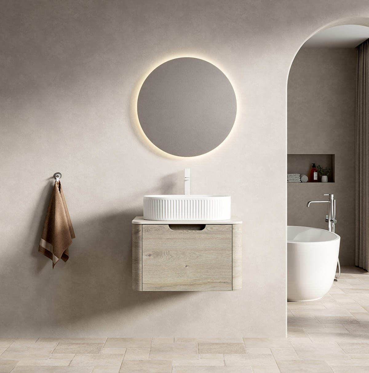 WASCHTISCHKOMBI 60 cm mit Aufsatzbecken und Soft-Close-Schublade in Eiche - Creme, Keramik (60/50.2/46cm) - BEAOK