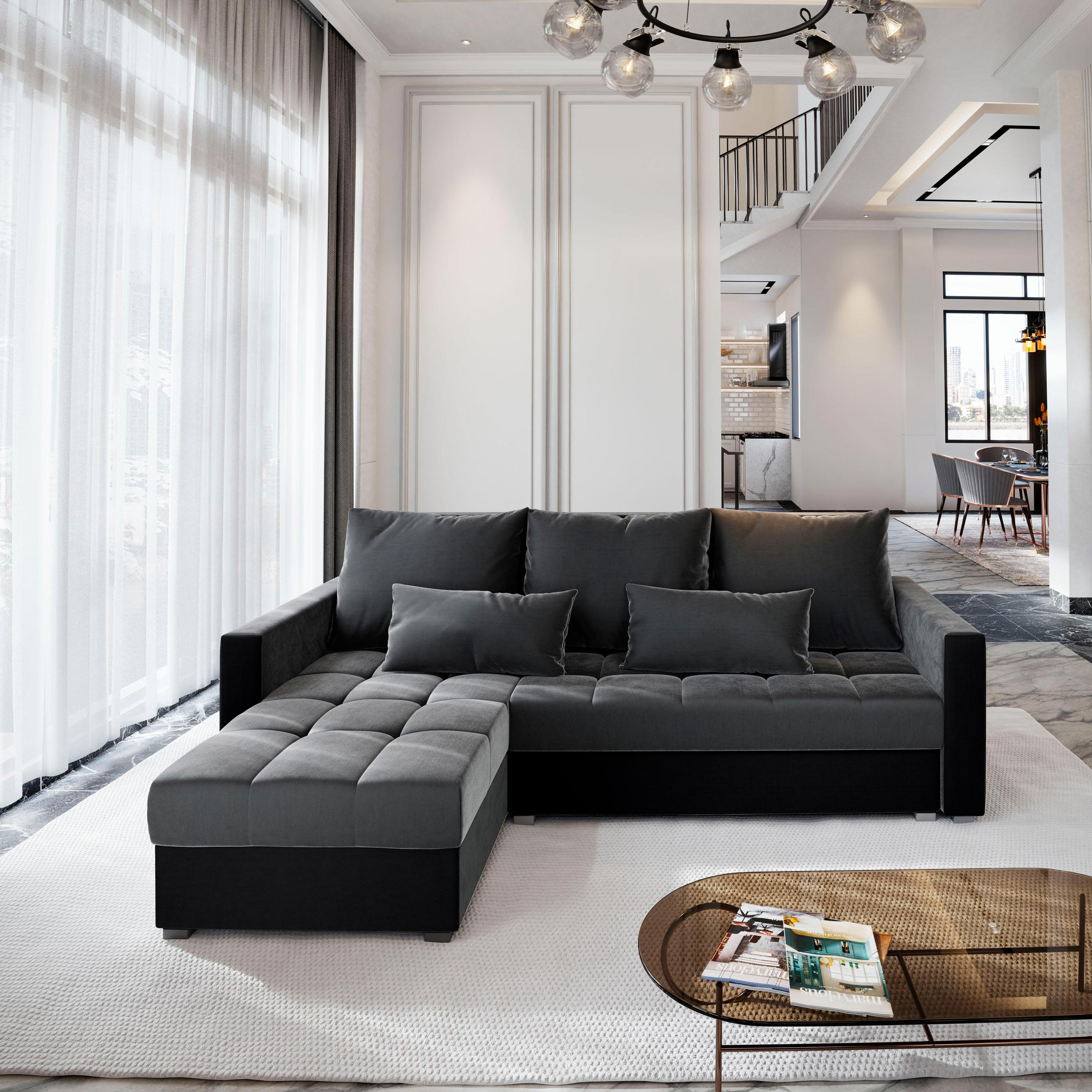 ECKSOFA KOS PIK Grau Plüsch-Stoff mit Schlaffunktion - Schwarz/Grau, Holz (220/140cm) - MASSENO