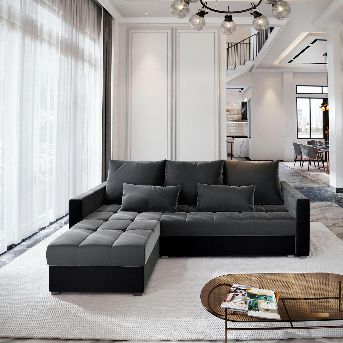 ECKSOFA KOS PIK Grau Plüsch-Stoff mit Schlaffunktion - Schwarz/Grau, Holz (220/140cm) - MASSENO