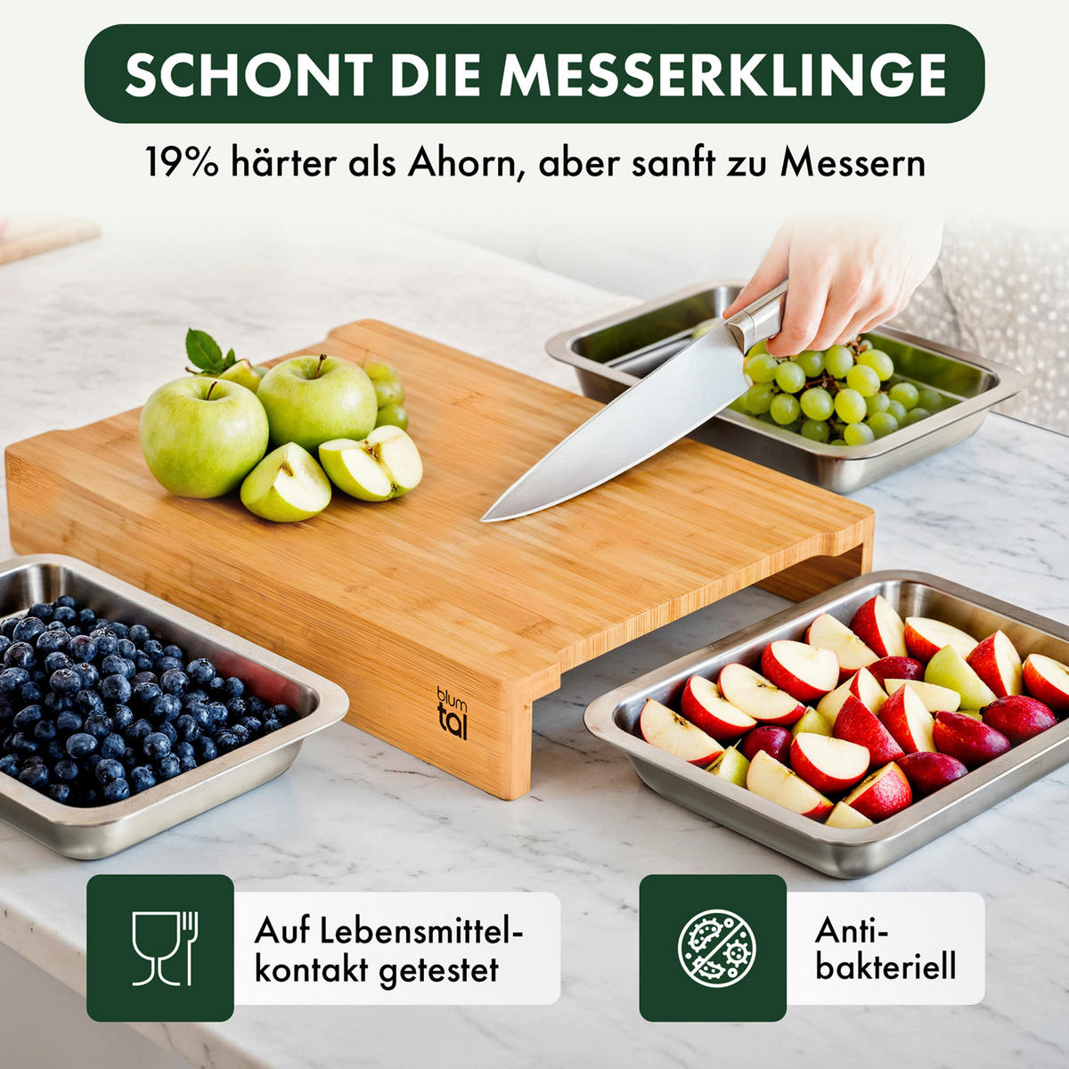 SCHNEIDEBRETT mit 3 Auffangschalen - Naturfarben, Holz (28.5/40cm) - Blumtal
