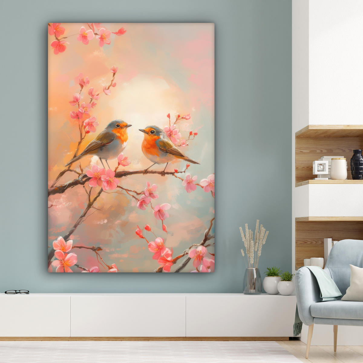 LEINWANDBILD Rotkehlchen - Zierpflanze - Blütenzweig 90x140 cm - Hellrosa, Textil (90/140cm) - MuchoWow