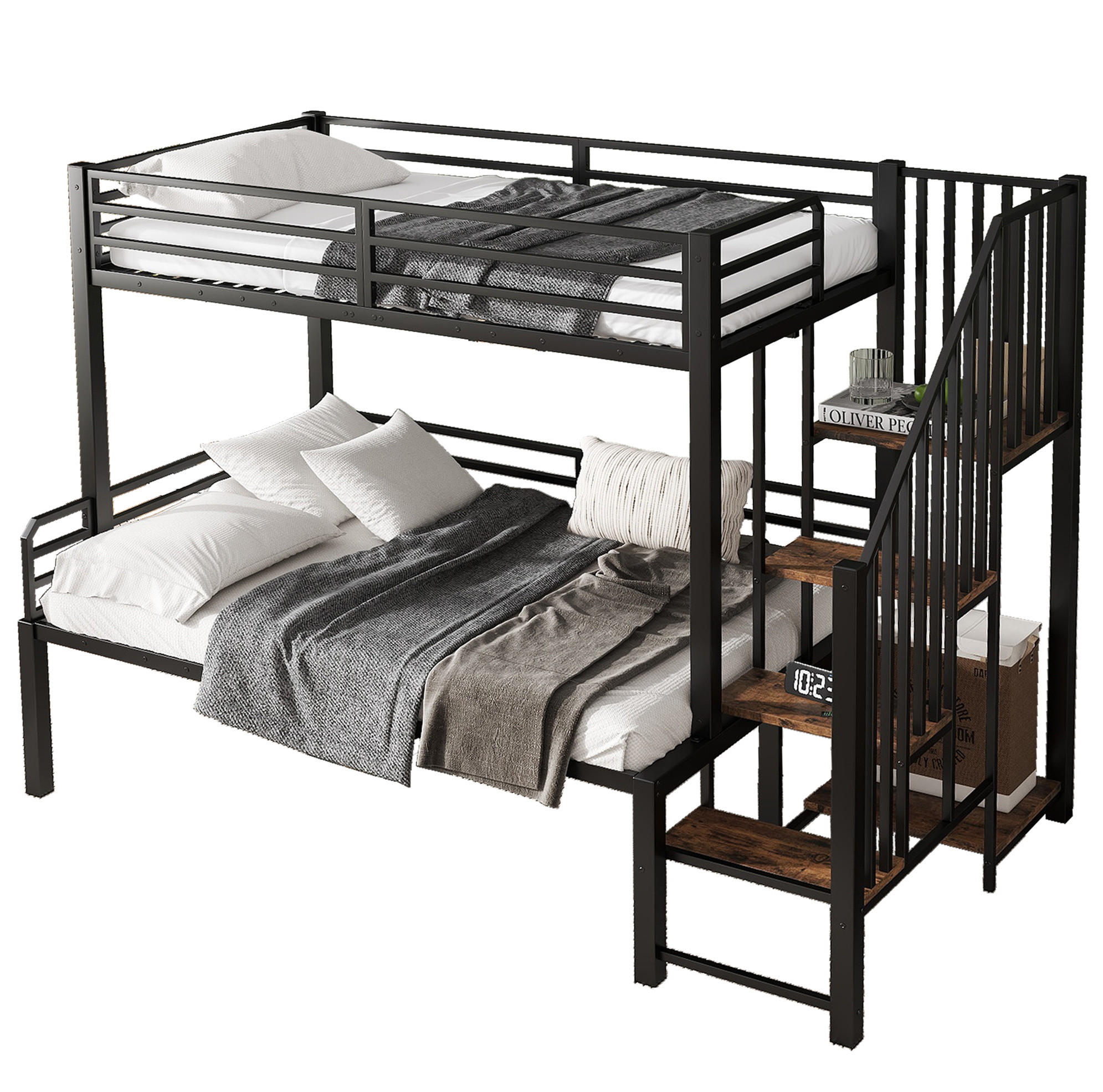 ETAGENBETT 90/200 cm und 120/200 cm Schwarz mit Eckleiterschrank aus Eisen und MDF - Schwarz, Holzwerkstoff (90/200cm) - OKWISH