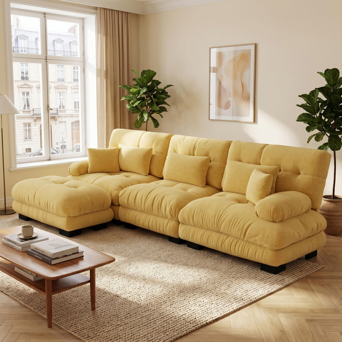 ECKSOFA Modulares 313cm Chenille Cloud-Sofa mit Ottoman für das Wohnzimmer - Gelb, Textil (313/145cm) - Urban Meuble