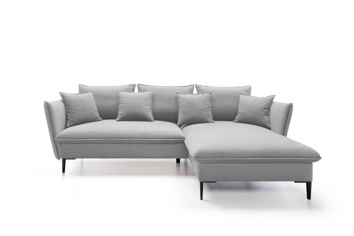 ECKSOFA GLOSS mit Schlaffunktion, Ottomane & goldenen Füßen – Samtsofa im GLOSSour-Stil mit Zierkissen, 258x167x91 cm, Rechte, GRAU - Blau, Holz/Textil (258/167cm) - DomoHome