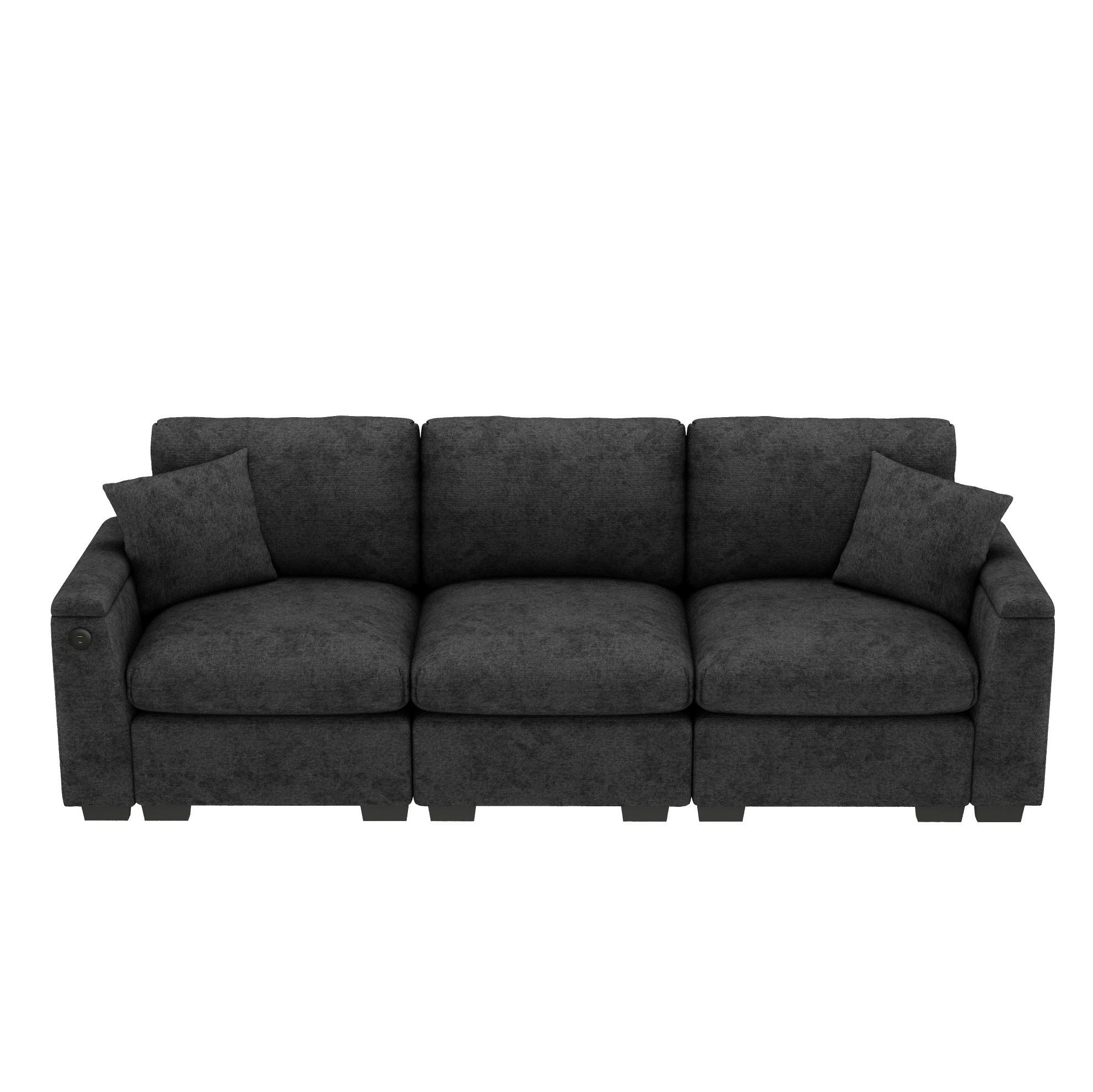 POHOVKA z chenillu, 242/80/88 cm sivá, s USB, sklápacím stolíkom a úložným priestorom - sivá, textil (80/88/242cm) - BEAOK
