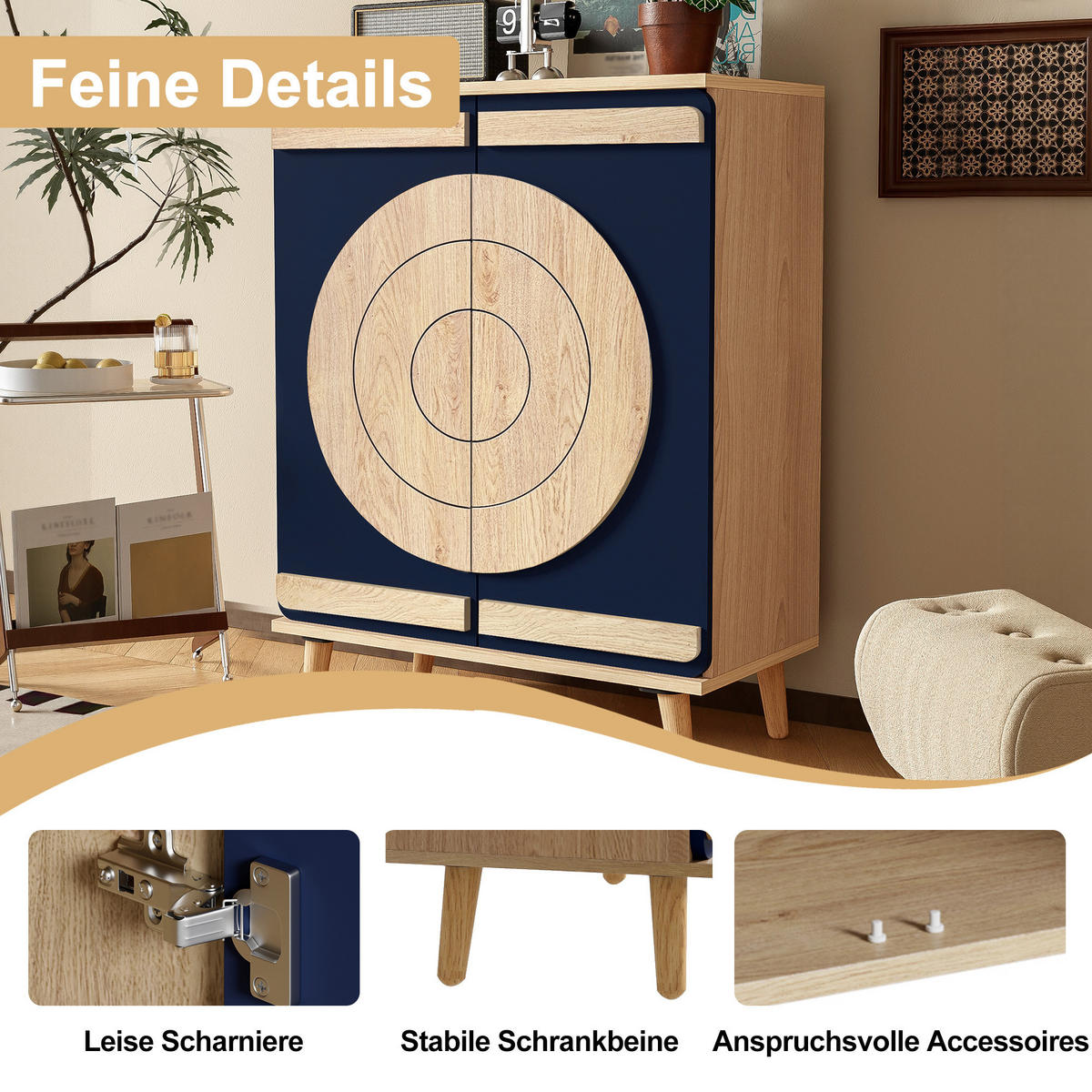 SCHUHSCHRANK in Naturfarben und Blau Schuhkommode mit mehrstufigem Stauraum und Holzbeinen, B76/T37/H98.5cm - Blau/Naturfarben, Holzwerkstoff/Metall (76/98.5/37cm) - STILVORA