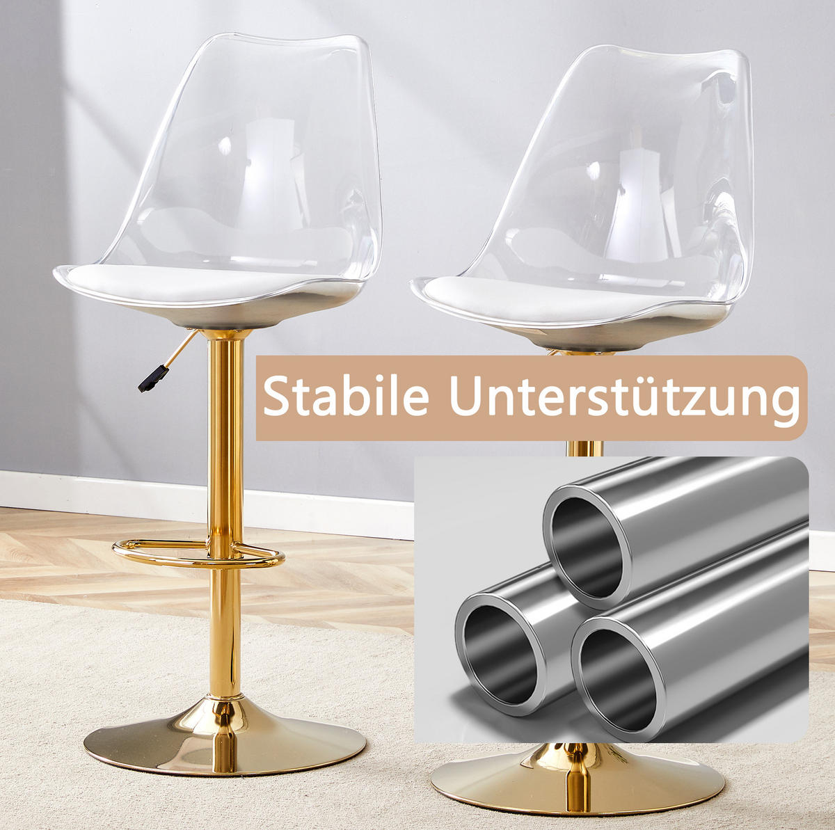 BARHOCKER 2er-Set höhenverstellbar drehbar Gold Transparent - Goldfarben, Metall (53.3/120/45.7cm) - Meubliv