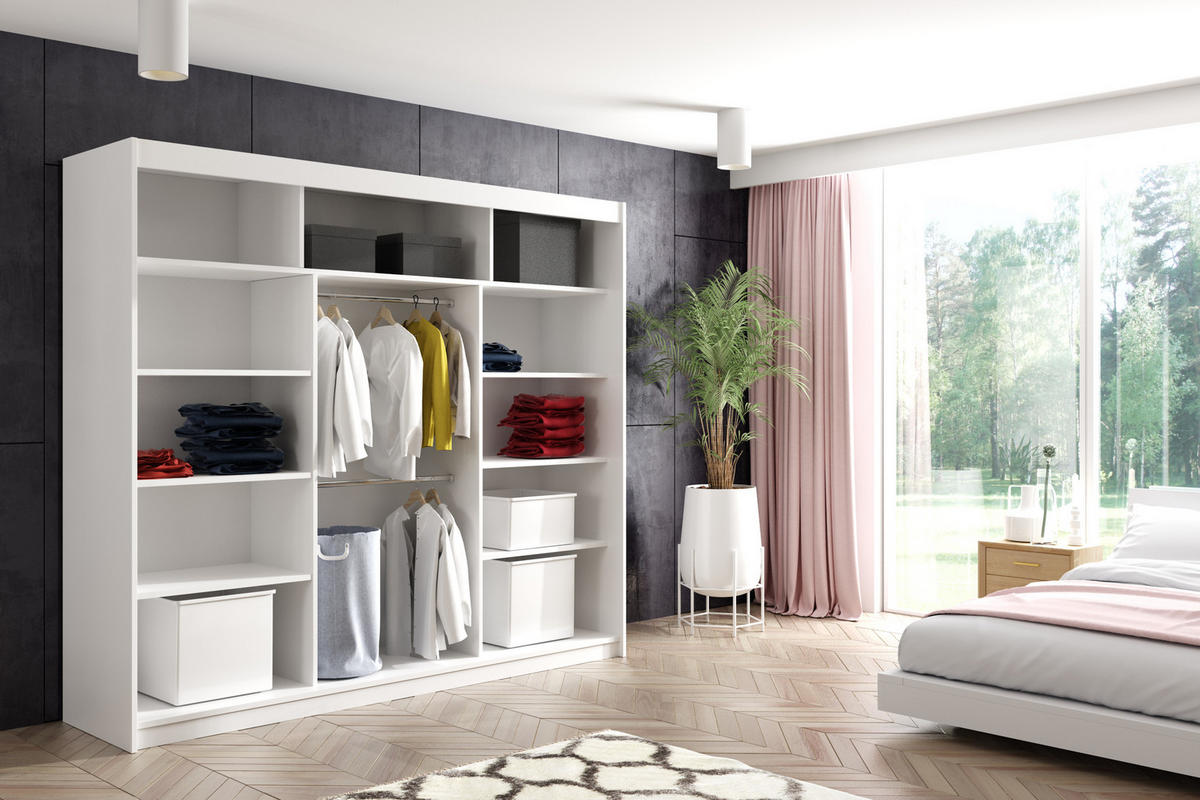 KLEIDERSCHRANK mit furnierten Schiebetüren und Aluminium-Leisten - LABELO - 240 cm Grau+Grau+Weiß - Weiß/Grau, Holzwerkstoff (240/216/61cm) - ALTDECOR