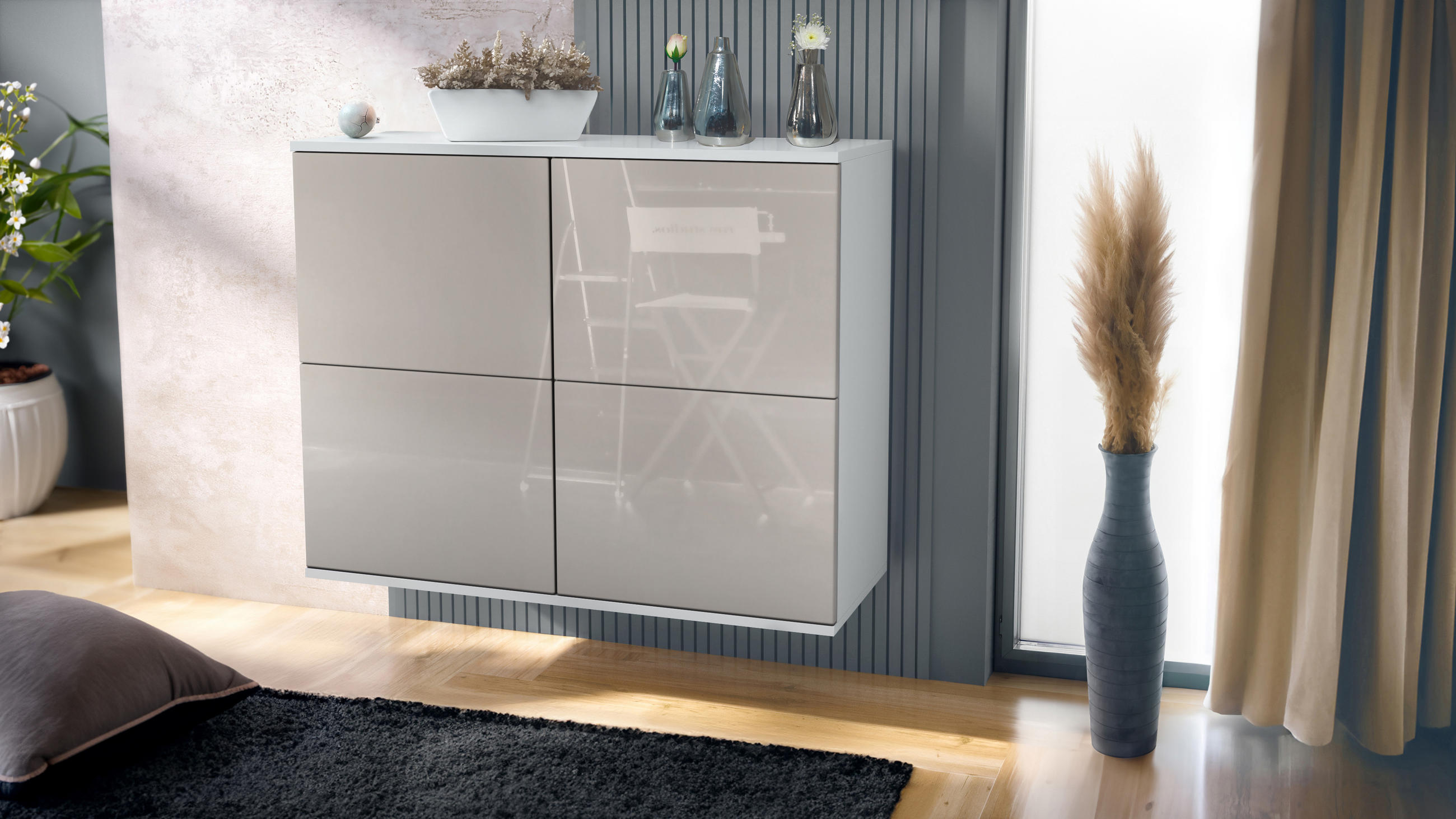 KOMMODE Rova Sandgrau Hochglanz - Sandfarben, Holzwerkstoff (92.5/73.5/35cm) - Vladon