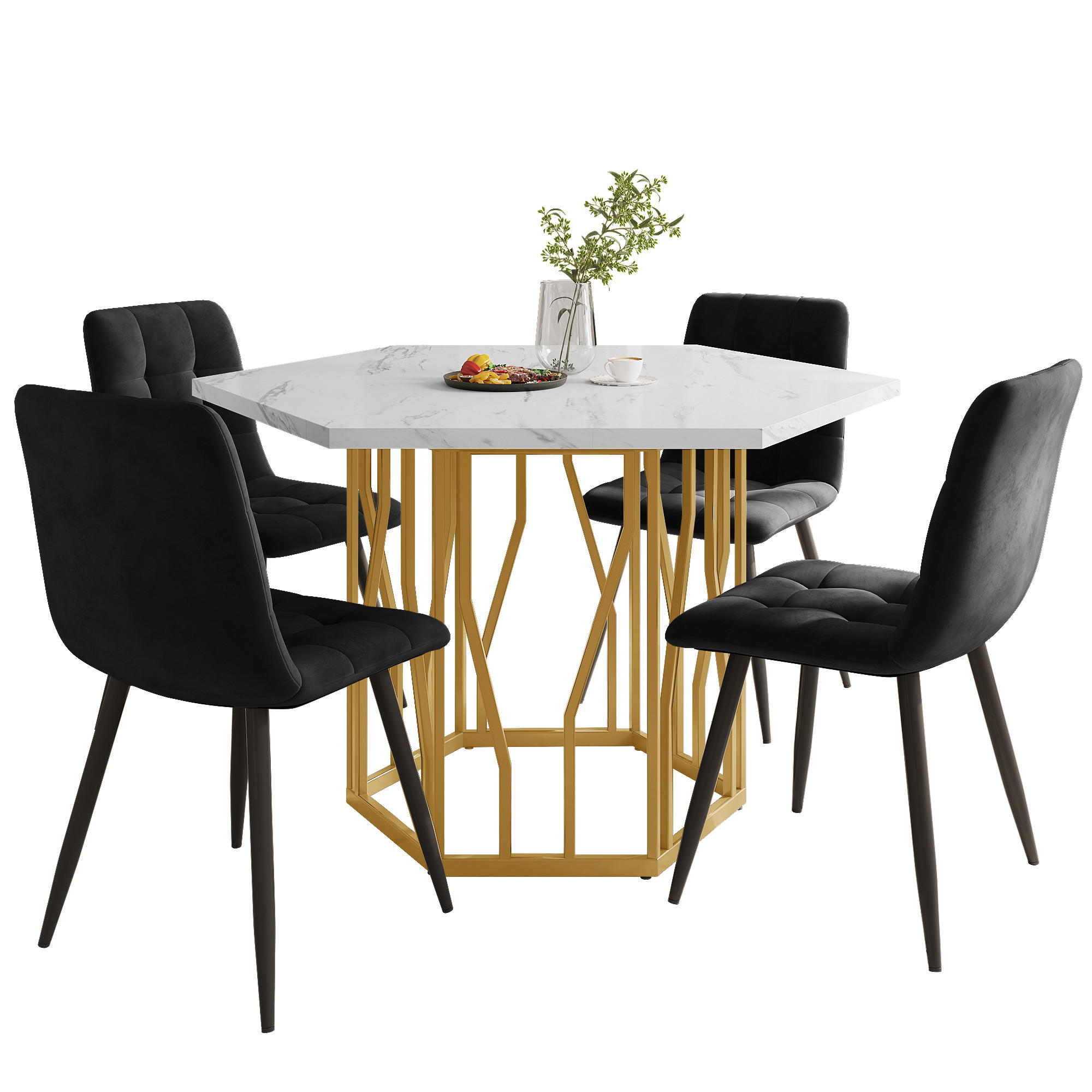 ESSTISCHSET 5-Teilig Sechseckig Marmor, 4 Schwarze Samtstühle, Gold - Schwarz, Metall (115.5/75/100cm) - FLIEKS