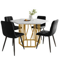 ESSTISCHSET 5-Teilig Sechseckig Marmor, 4 Schwarze Samtstühle, Gold - Schwarz, Metall (115.5/75/100cm) - FLIEKS