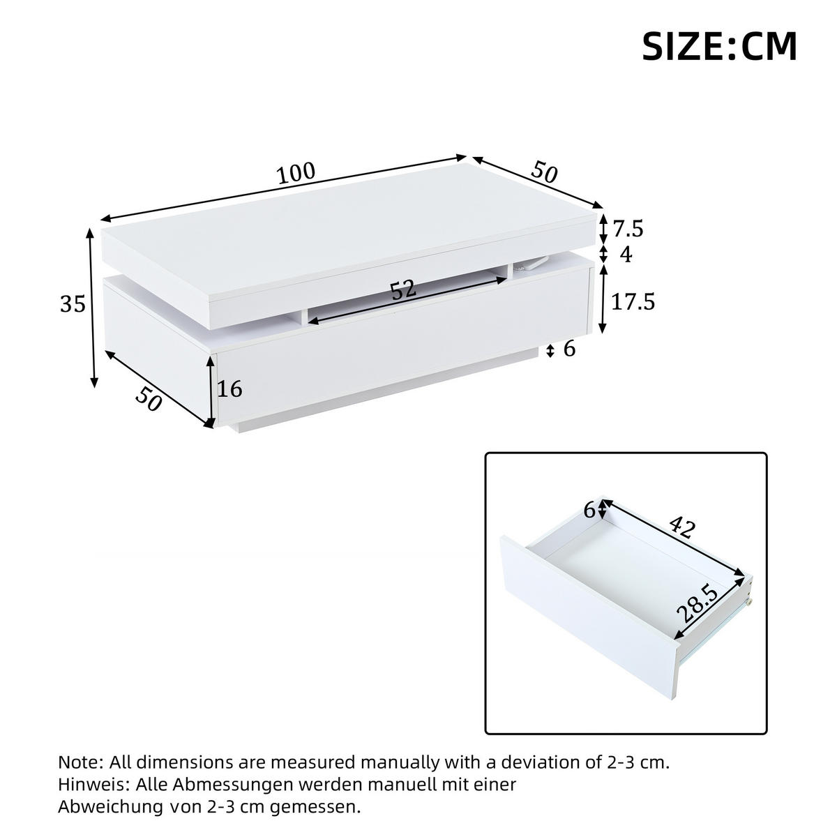 COUCHTISCH in Weiß Couchtisch mit 2 Schubladen, LED Hochglanz, Sofatisch für Wohnzimmer, B100/T50/H35cm - Weiß, Holzwerkstoff/Metall (50/100/35cm) - STILVORA