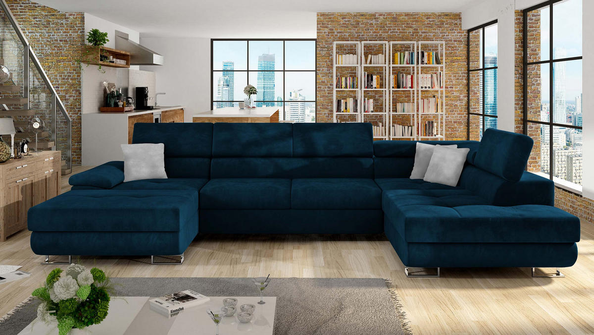 WOHNLANDSCHAFT Cotere Bis, Seite: Rechts - Dunkelblau, Holz (345/91/202cm) - MIRJAN24