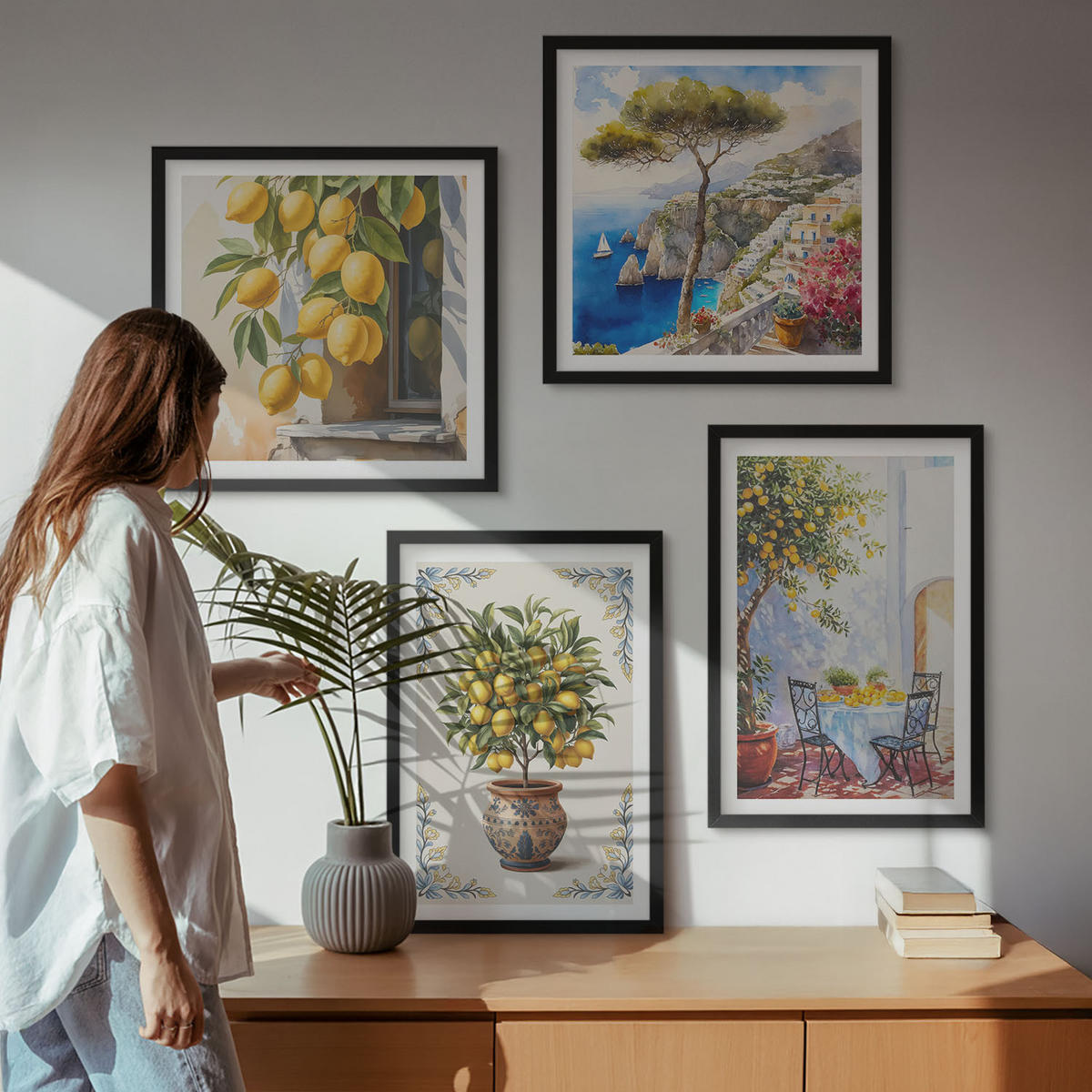 BILDER SET 4er Set - 50x50 cm & 40x60 cm Schwarzer Rahmen - Zitronenbäume in der Sonne - Schwarz, Kunststoff (50/50cm) - TULUP