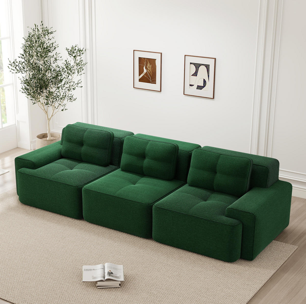 MODULÁRNÍ pohovka z manšestru 293x104x69 cm zelená s hlubokým sedem, bez montáže a s pet-friendly povrchem - zelená barva, textil (104/69/293cm) - Modfu