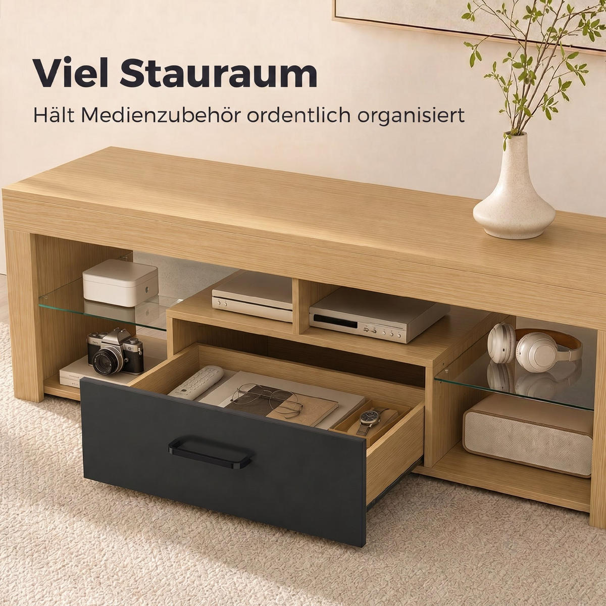 TV-LOWBOARD Spanplatte Glas Eiche - Eichefarben, Glas/Holzwerkstoff (40/45/140cm) - HOMCOM