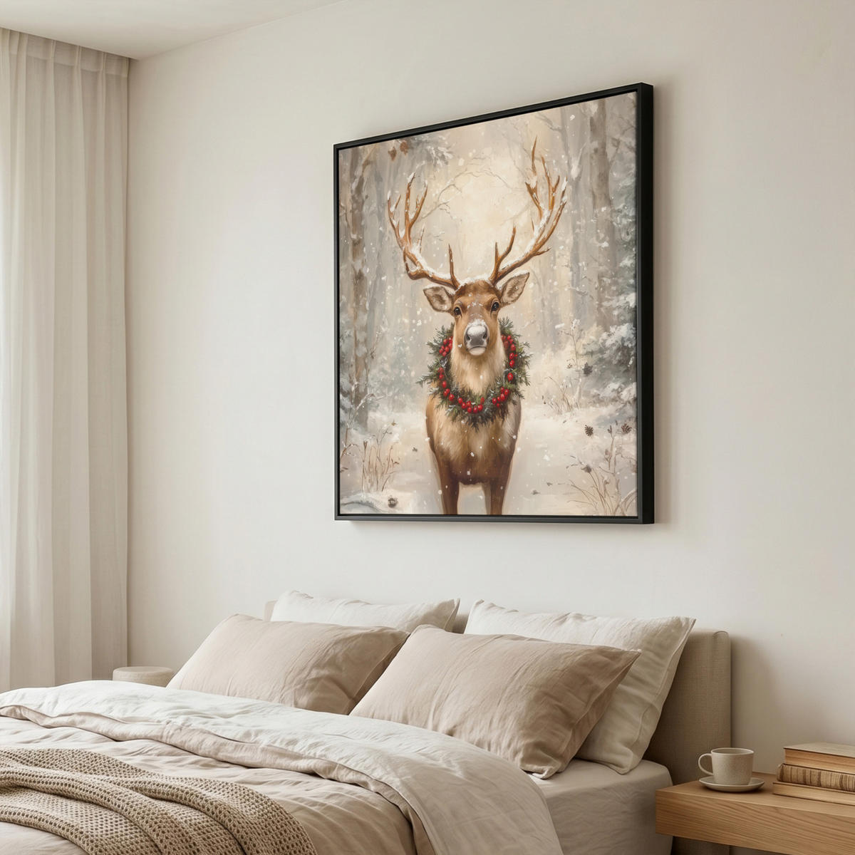 LEINWAND Bilder mit Rahmen - Weihnachten - Rentier - Winter - Kranz - 90x90 - Naturfarben, Textil (90/90cm) - MuchoWow