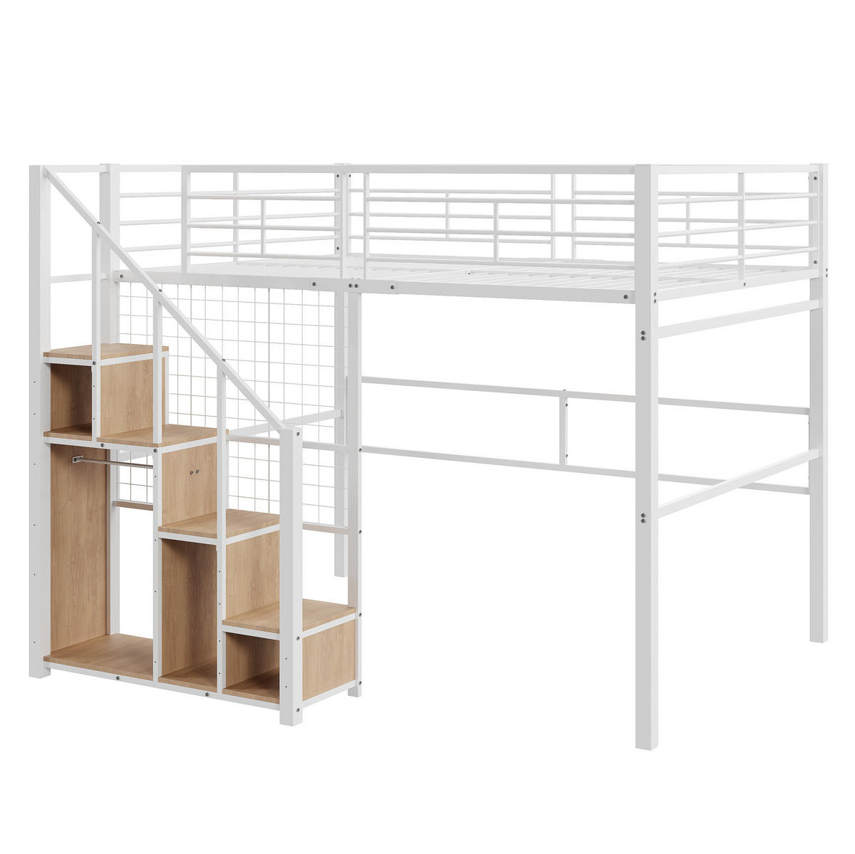 HOCHBETT 140/200 cm mit Treppe, Stauraum und Kleiderstange aus Metall, Weiß - Weiß, Metall (140/200cm) - Redom