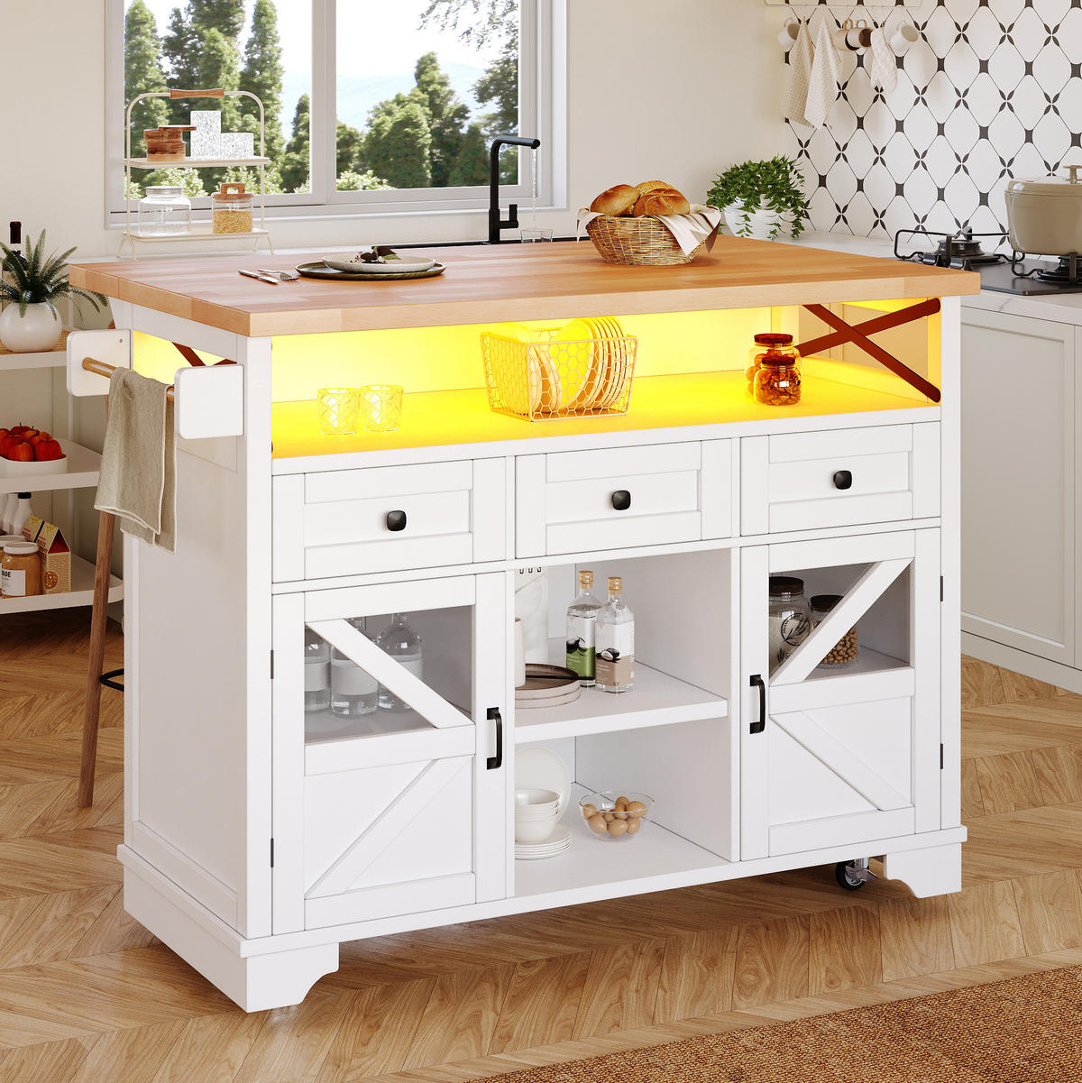 KÜCHENINSEL 120/71/98 cm Weiß aus MDF mit Klapptisch - Weiß, Holzwerkstoff (43/98/120cm) - OKMYHOME