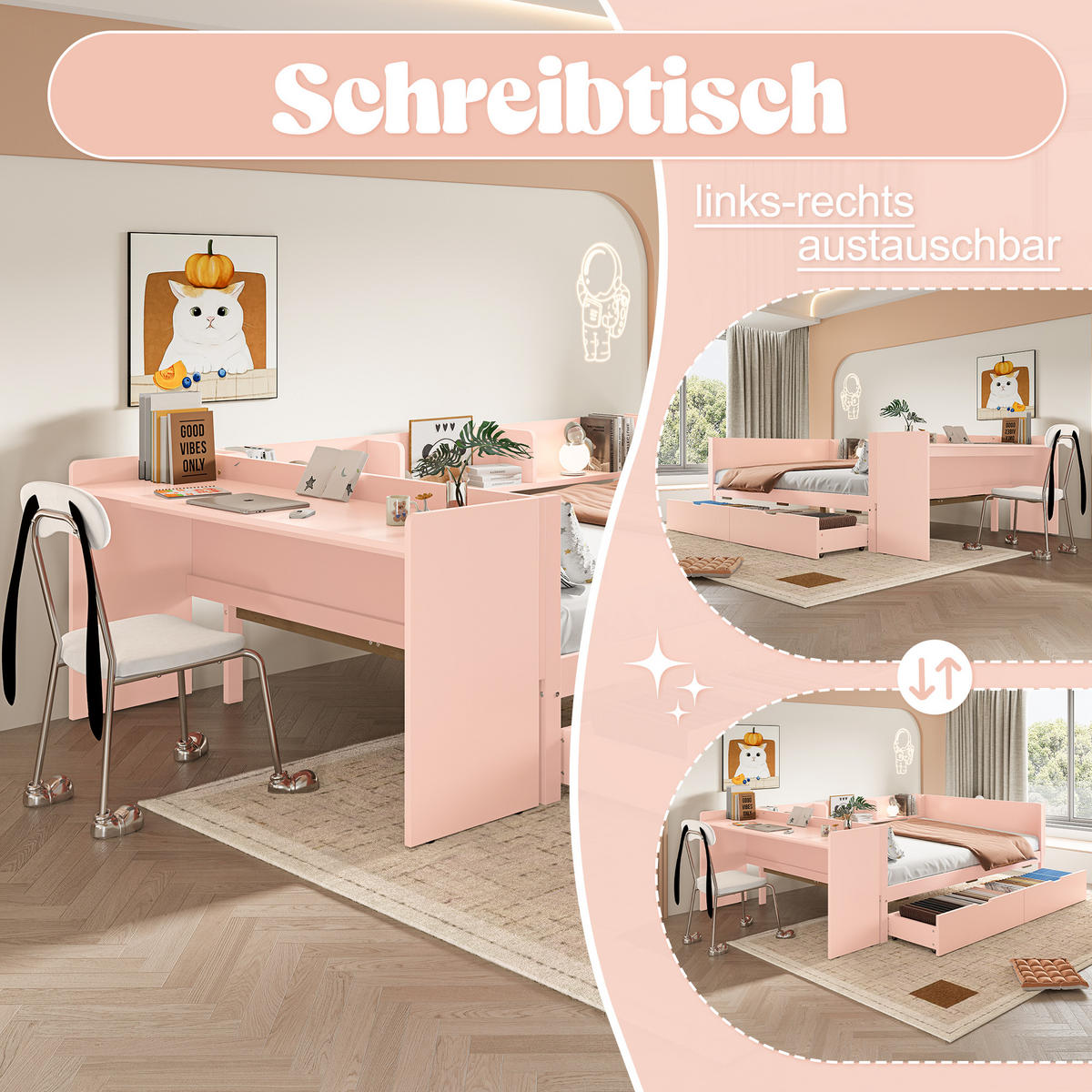 BETT 140x200 cm Tisch Schubladen rosa - Rosa, Holz (140/200cm) - Fortuna Lai