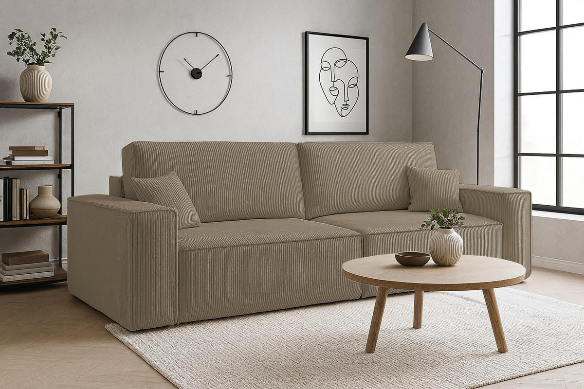 SCHLAFSOFA HUGO, Sofa mit Schlaffunktion und Bettkasten, Farbe: Hellbraun, Cordstoff - Hellbraun, Textil (244/83/98cm) - VENASI MÖBEL