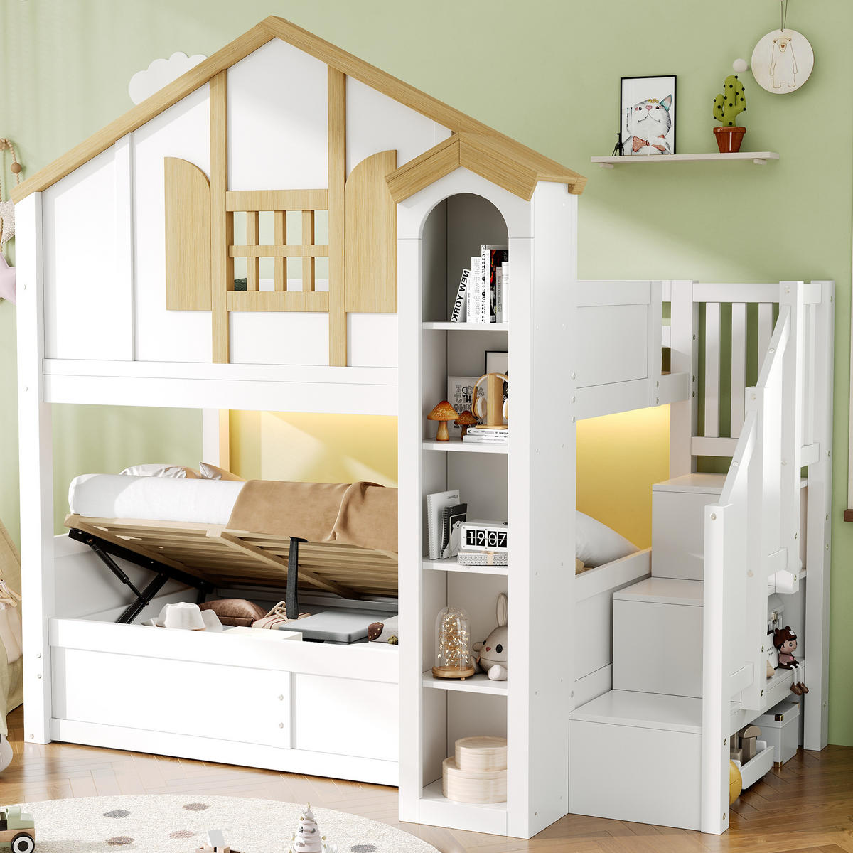 ETAGENBETT Massivholz LED Stauraumtreppe 90x200 Hausbett Weiß - Weiß, Holz - FLIEKS