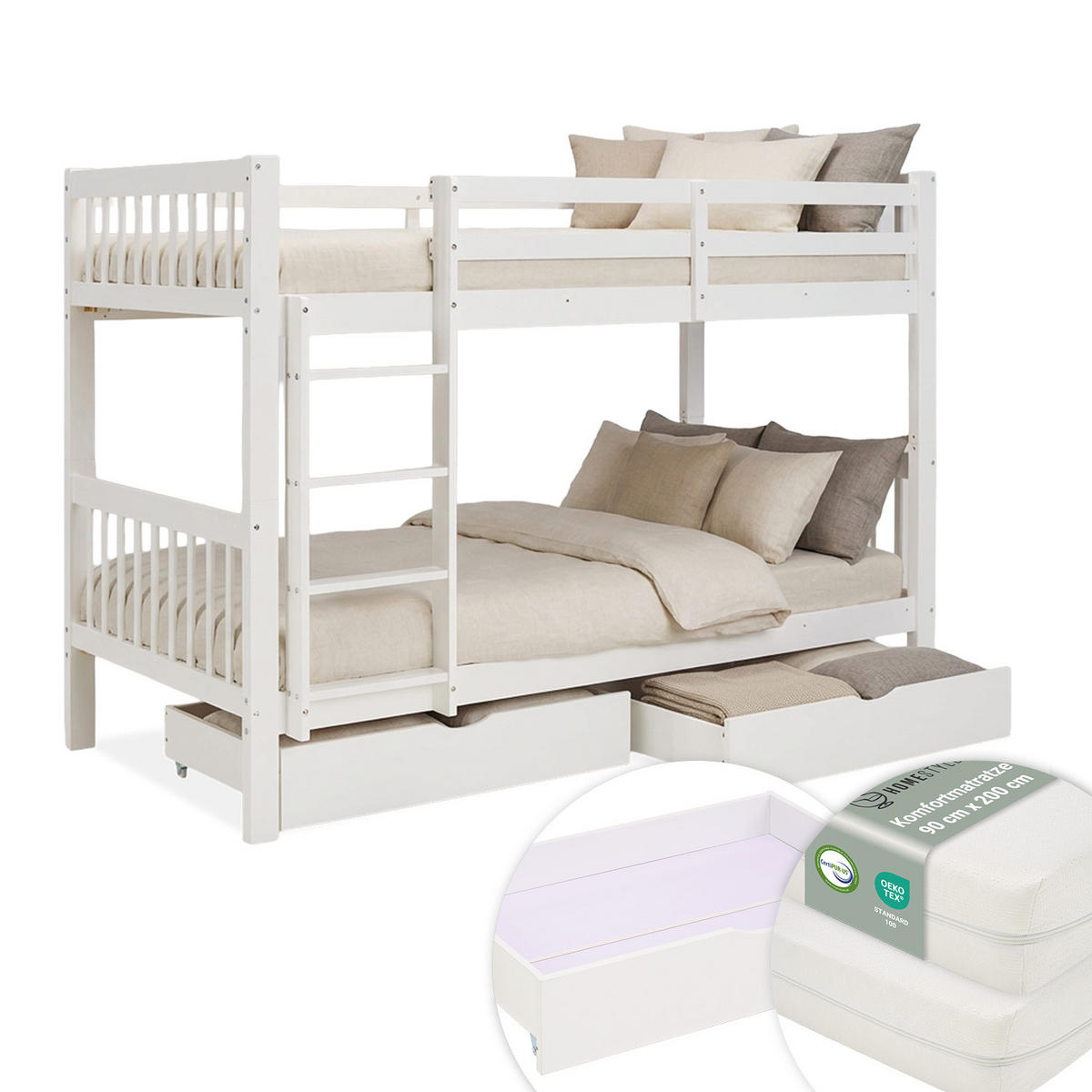 ETAGENBETT mit Matratze Bettkasten 90/200 cm Weiß - Weiß, Holz (90/200cm) - Homestyle4u