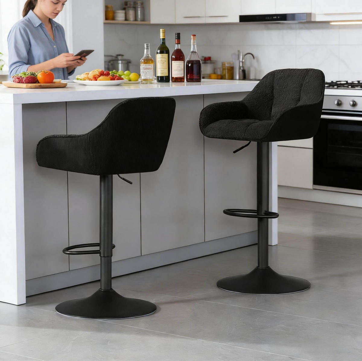 BARHOCKER 2er-Set, höhenverstellbar und 360° drehbar, Schwarz - Schwarz, Metall (52/109/50cm) - MIVRAY