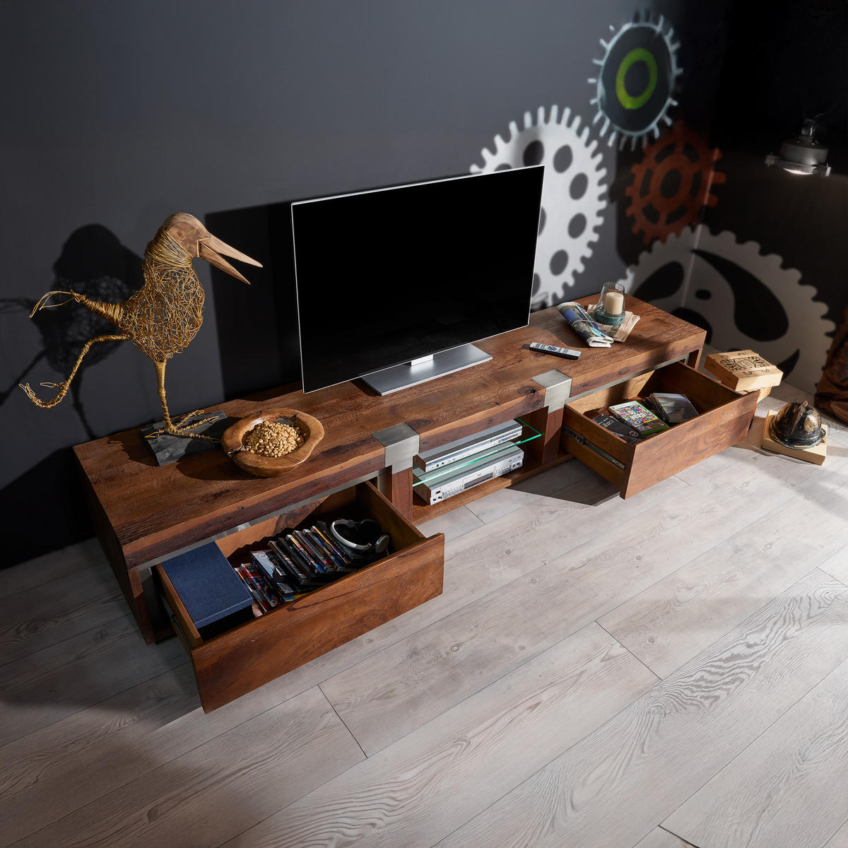 TV-BOARD Mango 240x48x39 braun lackiert Amsterdam #04 - Braun, Holz (240/39/48cm) - Massivmoebel24