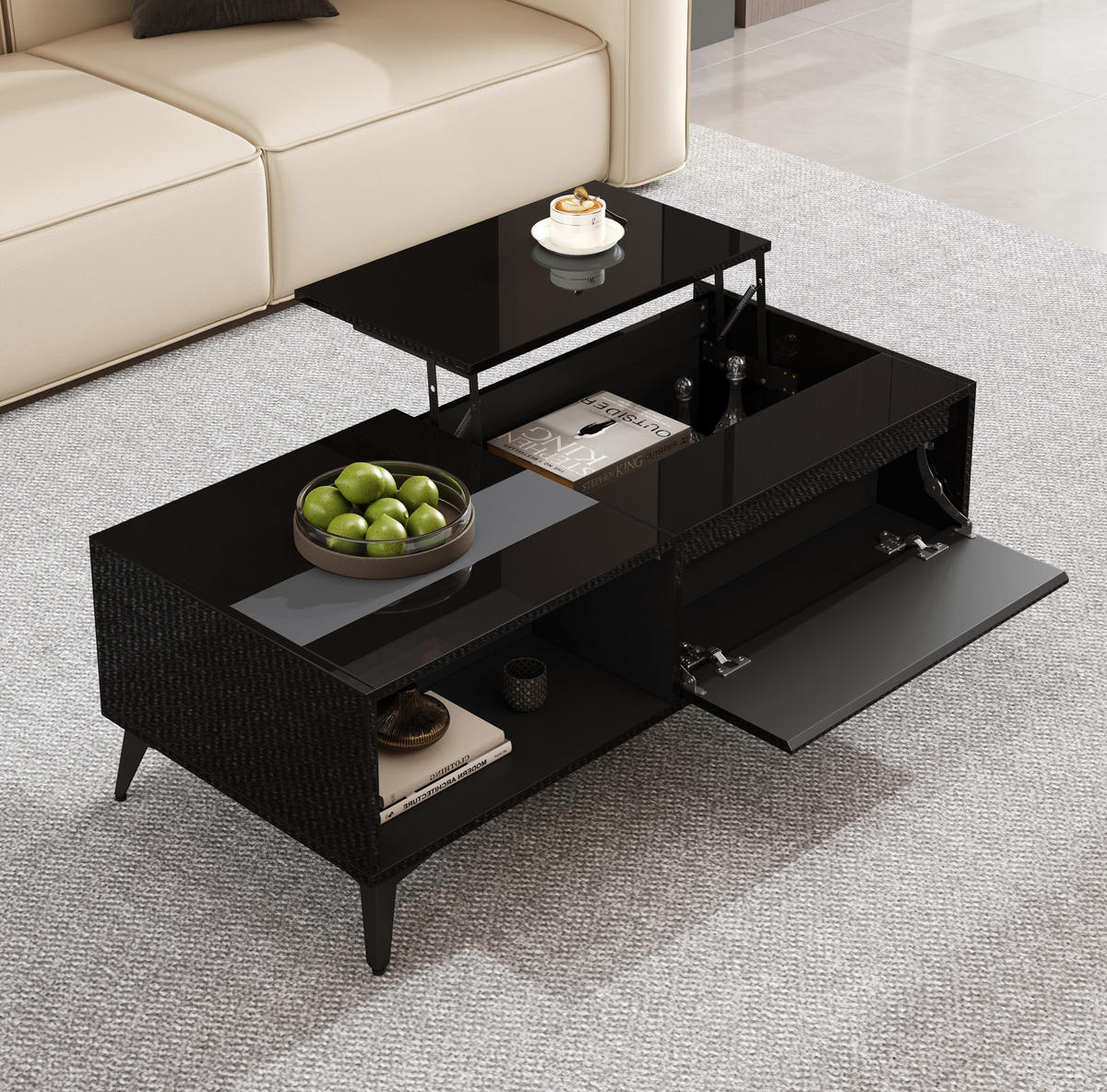 COUCHTISCH 110/50/48 cm mit Hebemechanismus, Stauraum und offenen Fächern aus Spanplatte, Schwarz - Schwarz, Holzwerkstoff (110/50/48cm) - Redom