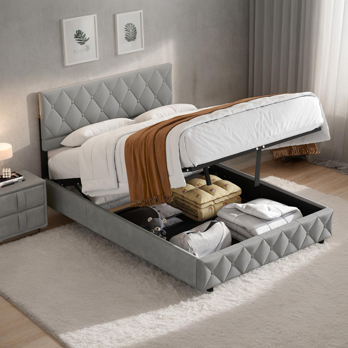 POLSTERBETT 160/200 cm Grau mit hydraulischem Stauraum aus Samt - Grau, Holzwerkstoff (160/200cm) - OKWISH