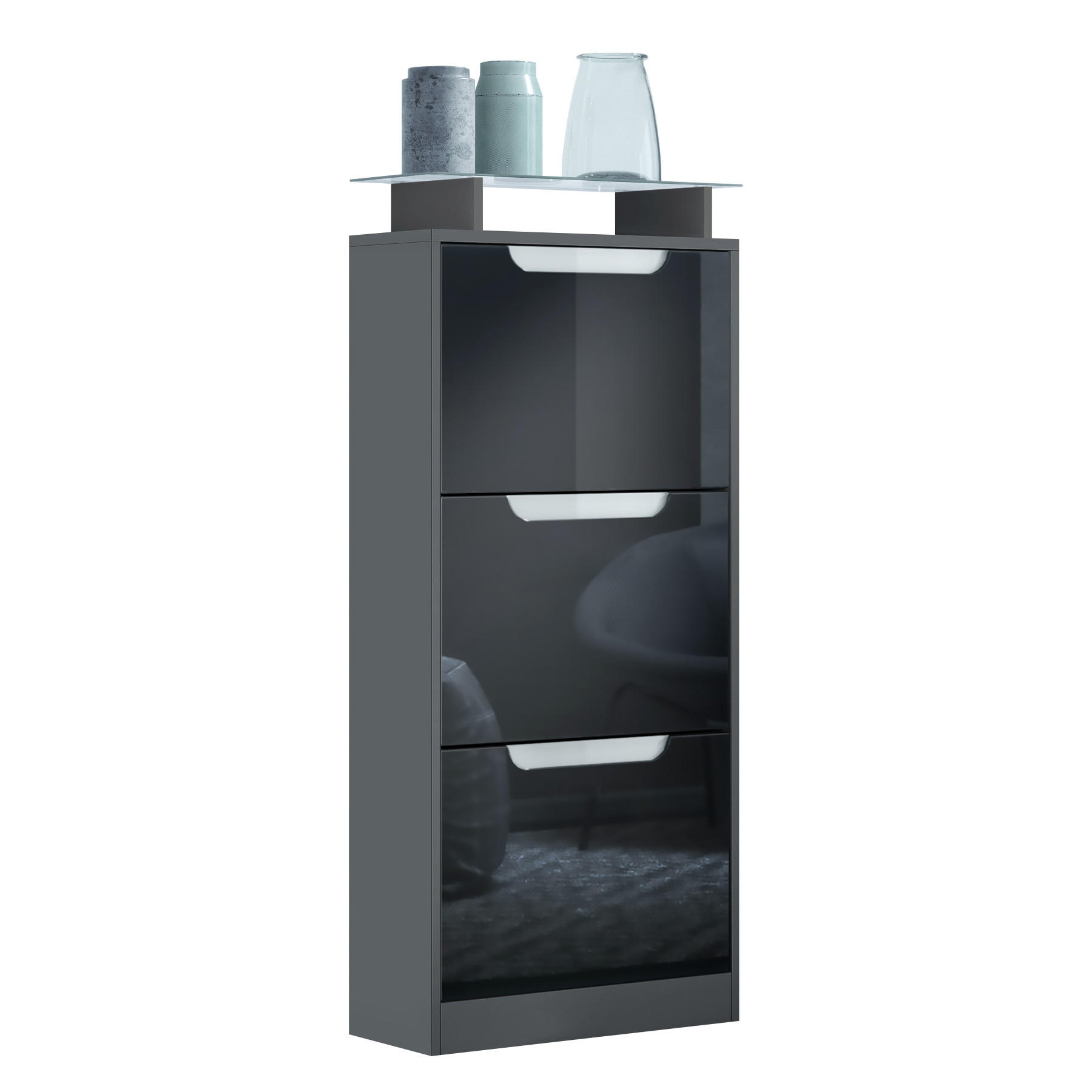 Vladon Schuhschrank Schwarz Hochglanz 46x128x23 cm