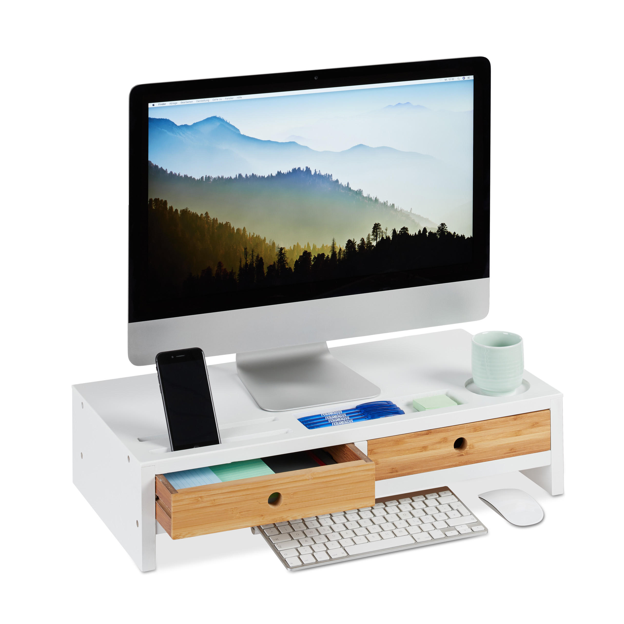 MONITORSTÄNDER Weiß Natur Bambus 2 Schubladen - Weiß, Holz (30/60/14cm) - Relaxdays