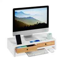 MONITORSTÄNDER Weiß Natur Bambus 2 Schubladen - Weiß, Holz (30/60/14cm) - Relaxdays